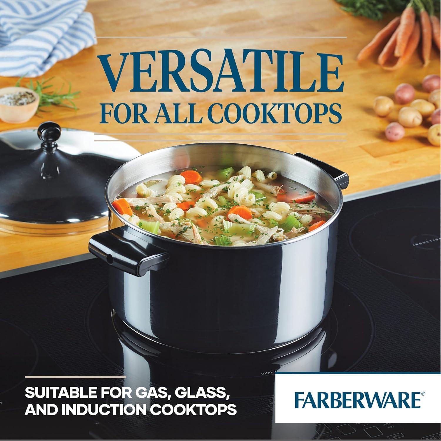 Farberware Classic Series 6qt Stainless Steel Stockpot with Lid Silver: Dishwasher-Safe, Induction & Gas Compatible