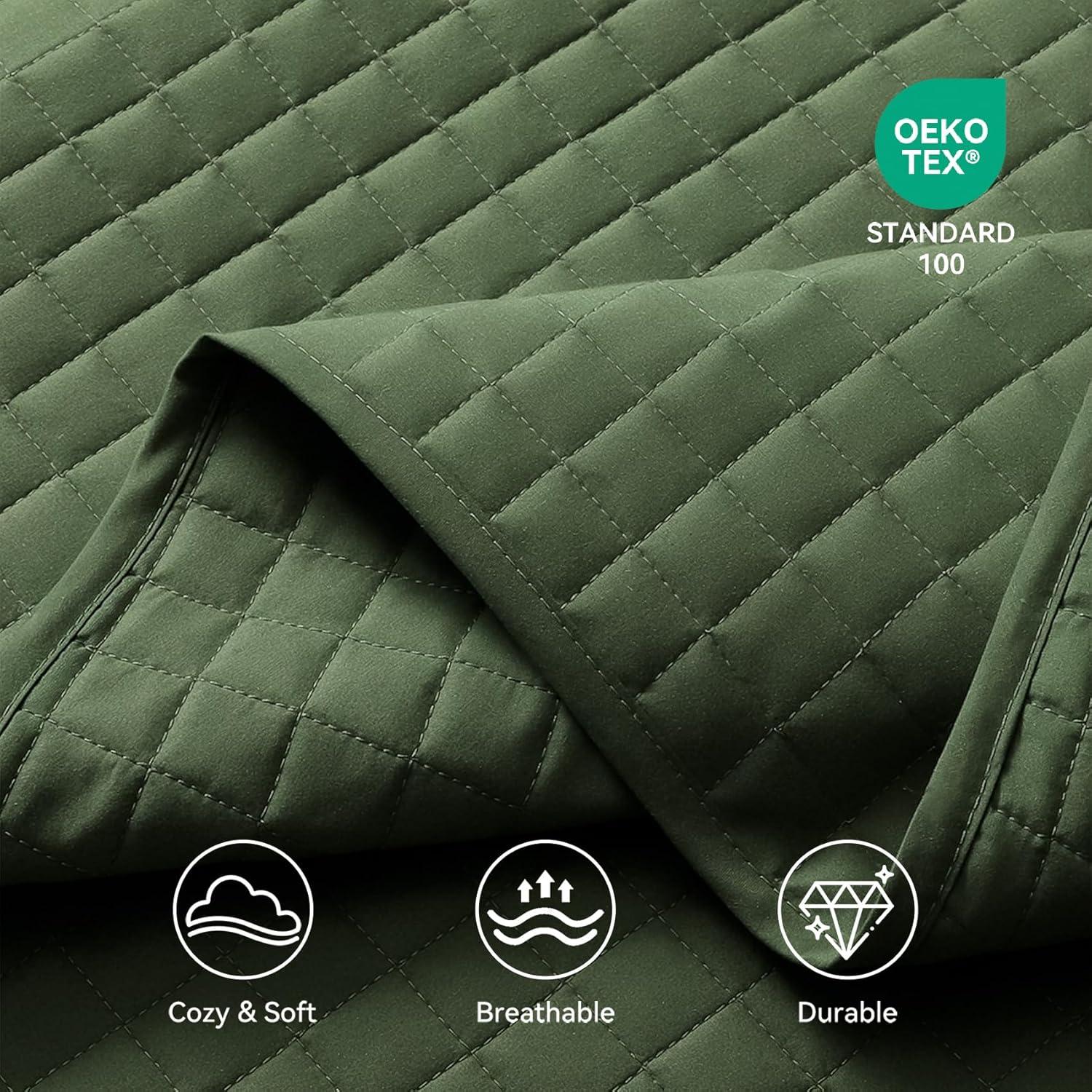 SunStyle Home Olive Green Quilt, Queen Size Quilt Set Lightweight Blanket Bedspread Full Soft Reversible Coverlet All Season 3pcs Army Green Square Quilted Bedding Sets with 2 Pillow Shams(90"x96")
