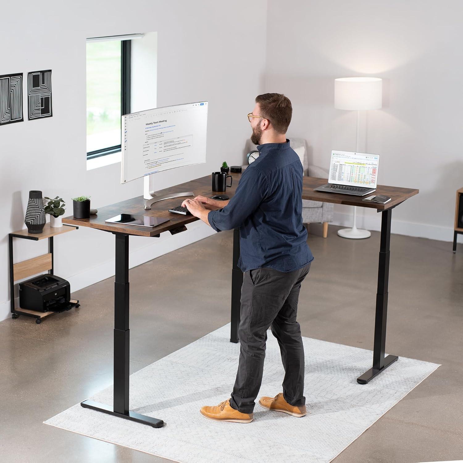 VIVO Black Electric Motor Height Adjustable Corner 3 Leg Standing Desk Frame (Frame Only)