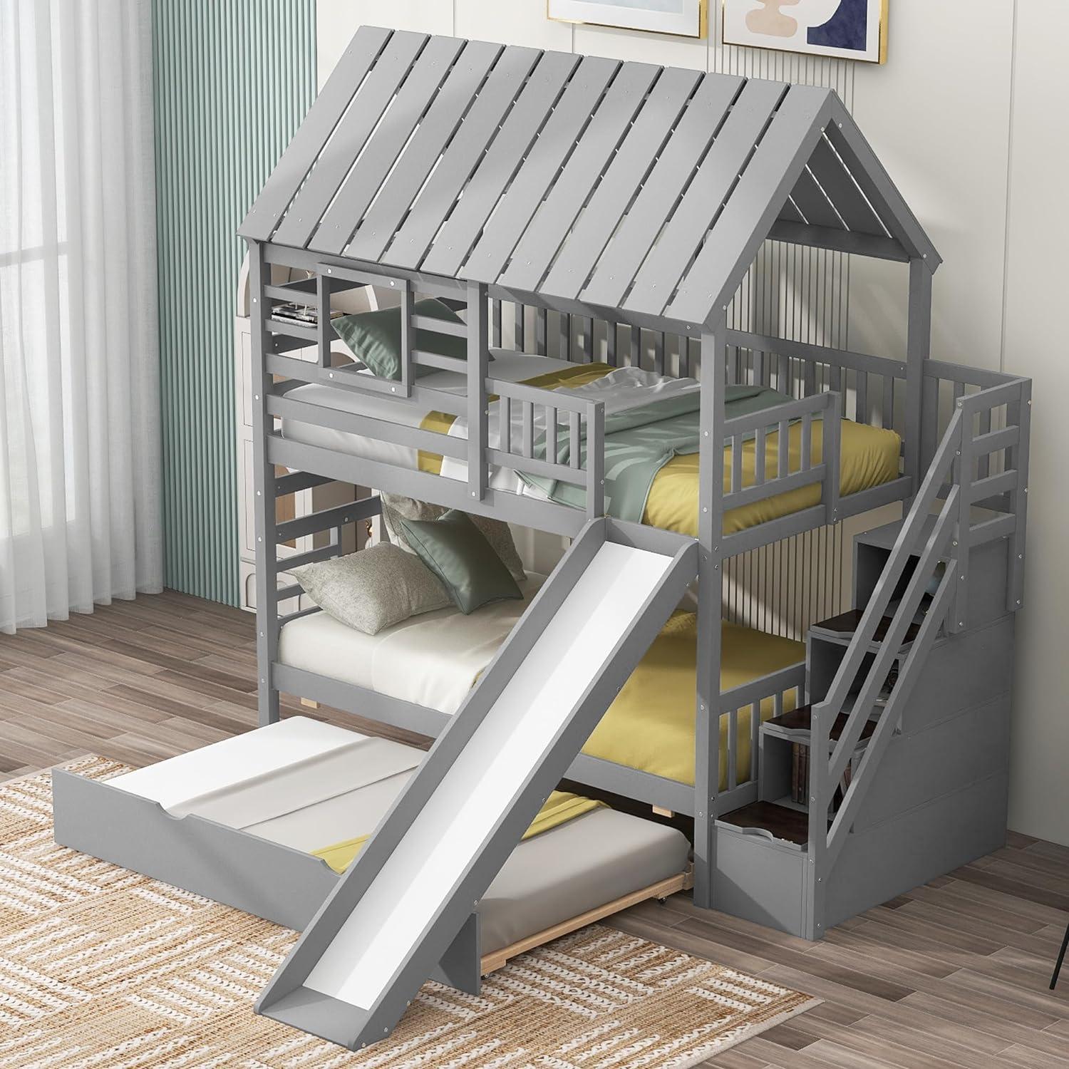 Harper Orchard Twin Over Twin House Bunk Bed With Trundle And Slide