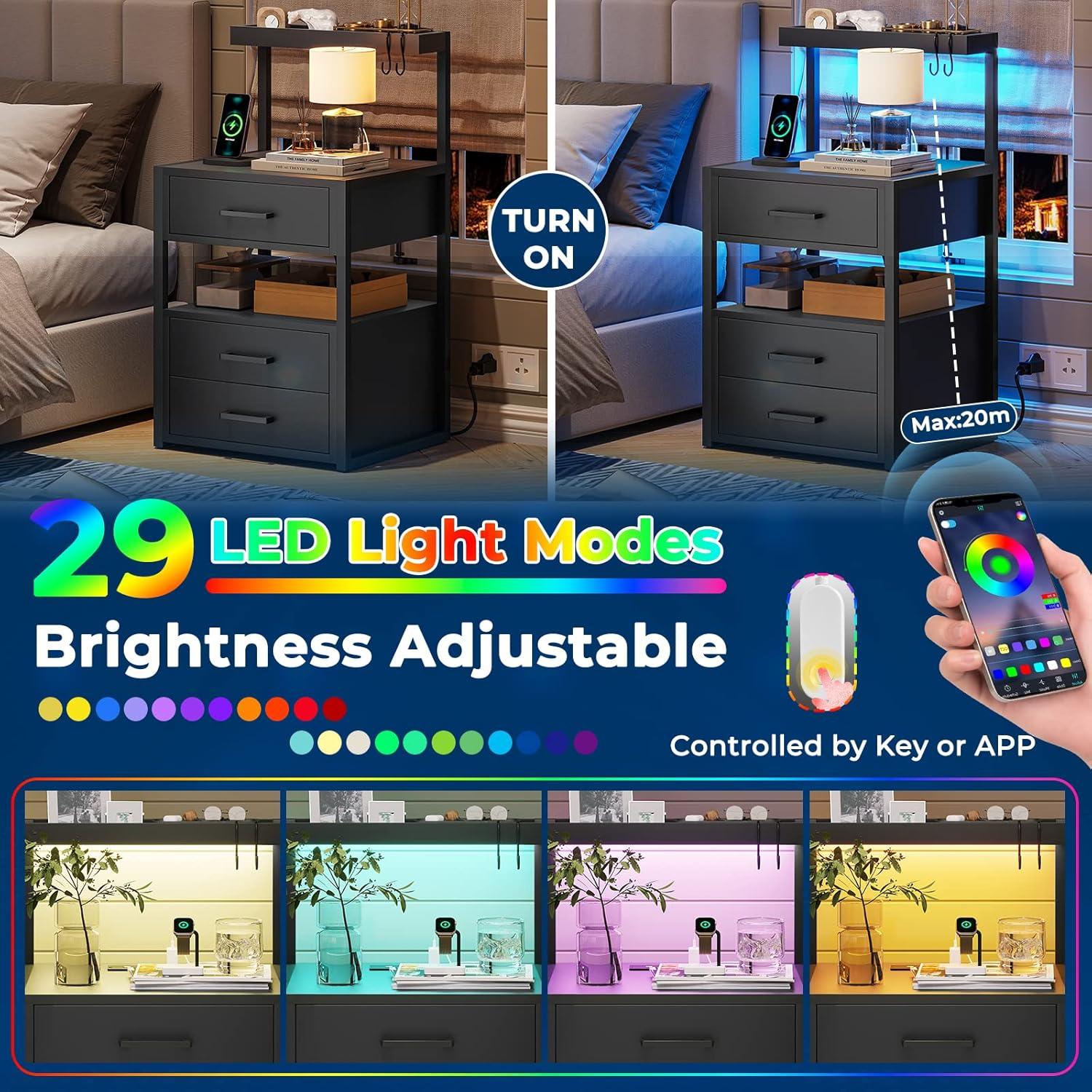 Afuhokles Led Nightstand with Charging Station,2 Drawers Night Stands with Led Lights, Black Bedside Tables with Storage Shelves