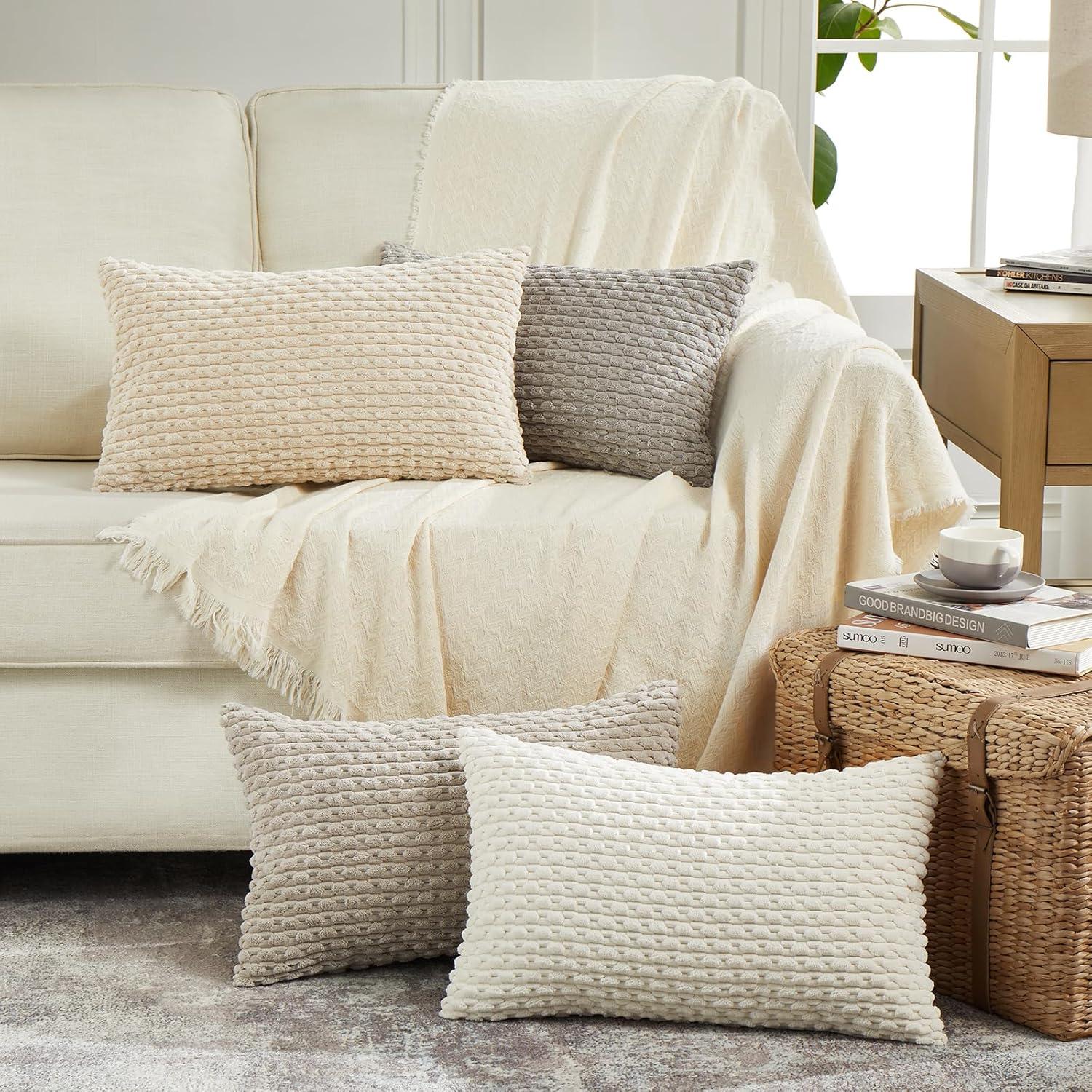 Boho Sage Green Striped Corduroy Pillow Covers - Set of 2 | Farmhouse Rectangle Cushion Cases for Sofa Couch Bed | Soft Decorative Throw Pillowcases - 12x20 Inch Home Decor
