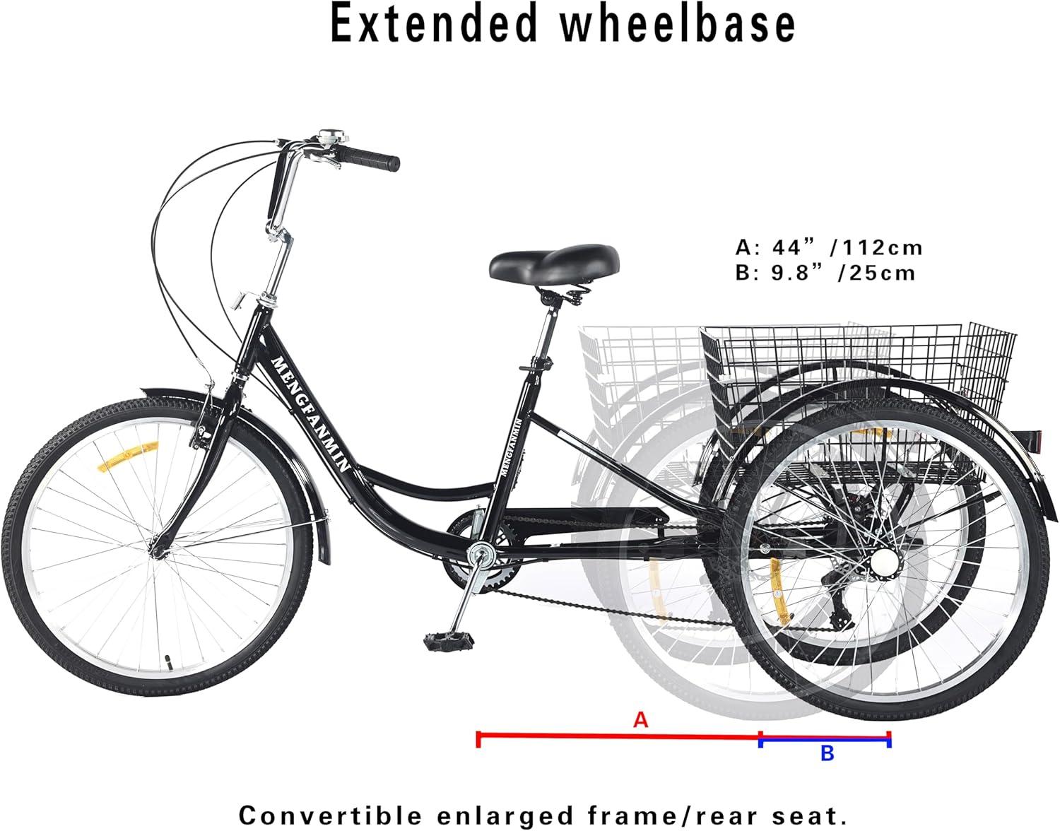 Adult Tricycle 7 Speed, 24 Inch 3 Wheel Bikes Extended Rear wheelbase Tricycle Wheel Bike w/Rear Basket for Women/Children Seniors Maximum Load 550lbs