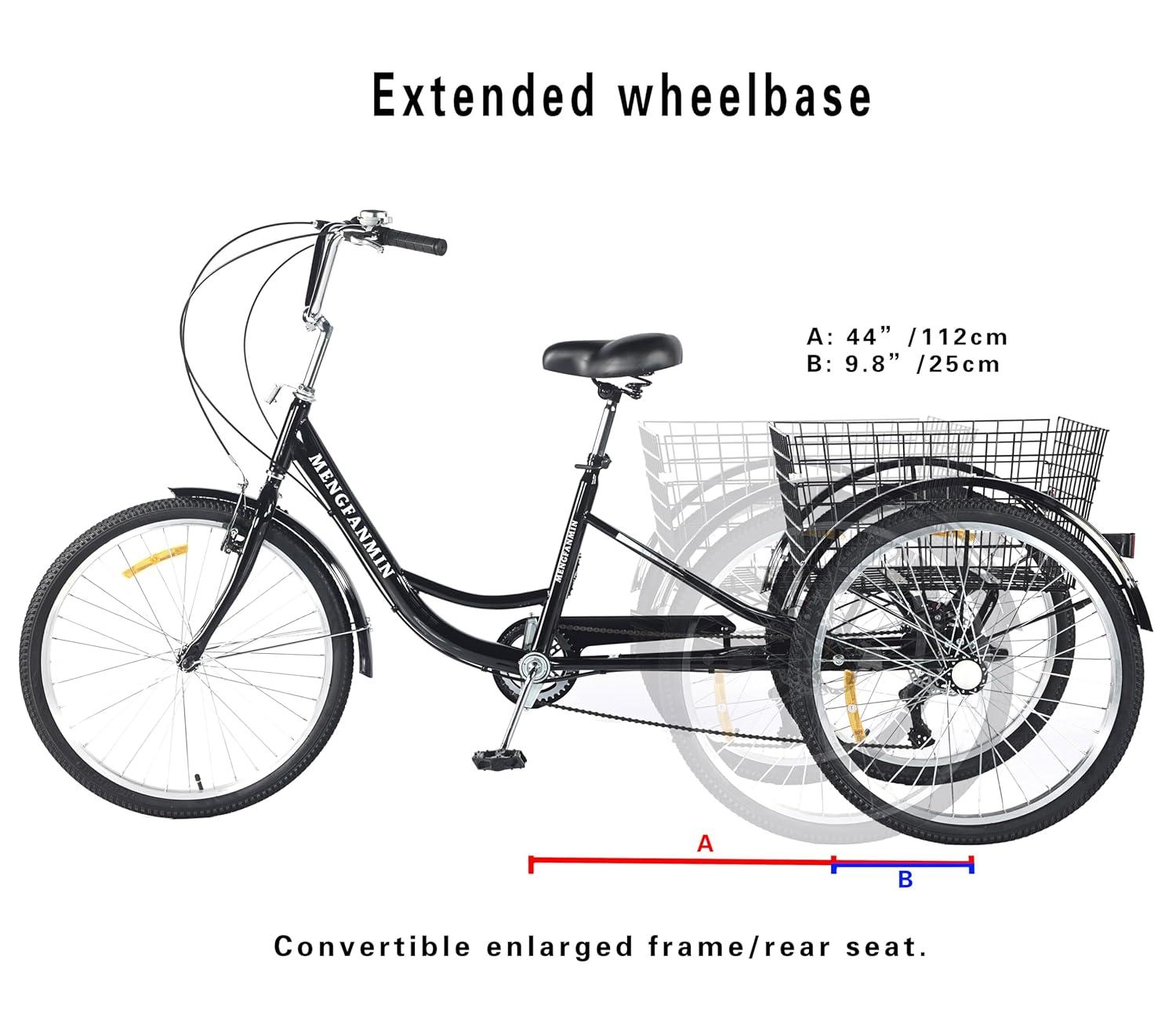 Adult Tricycle 7 Speed, 24 Inch 3 Wheel Bikes Extended Rear wheelbase Tricycle Wheel Bike w/Rear Basket for Women/Children Seniors Maximum Load 550lbs