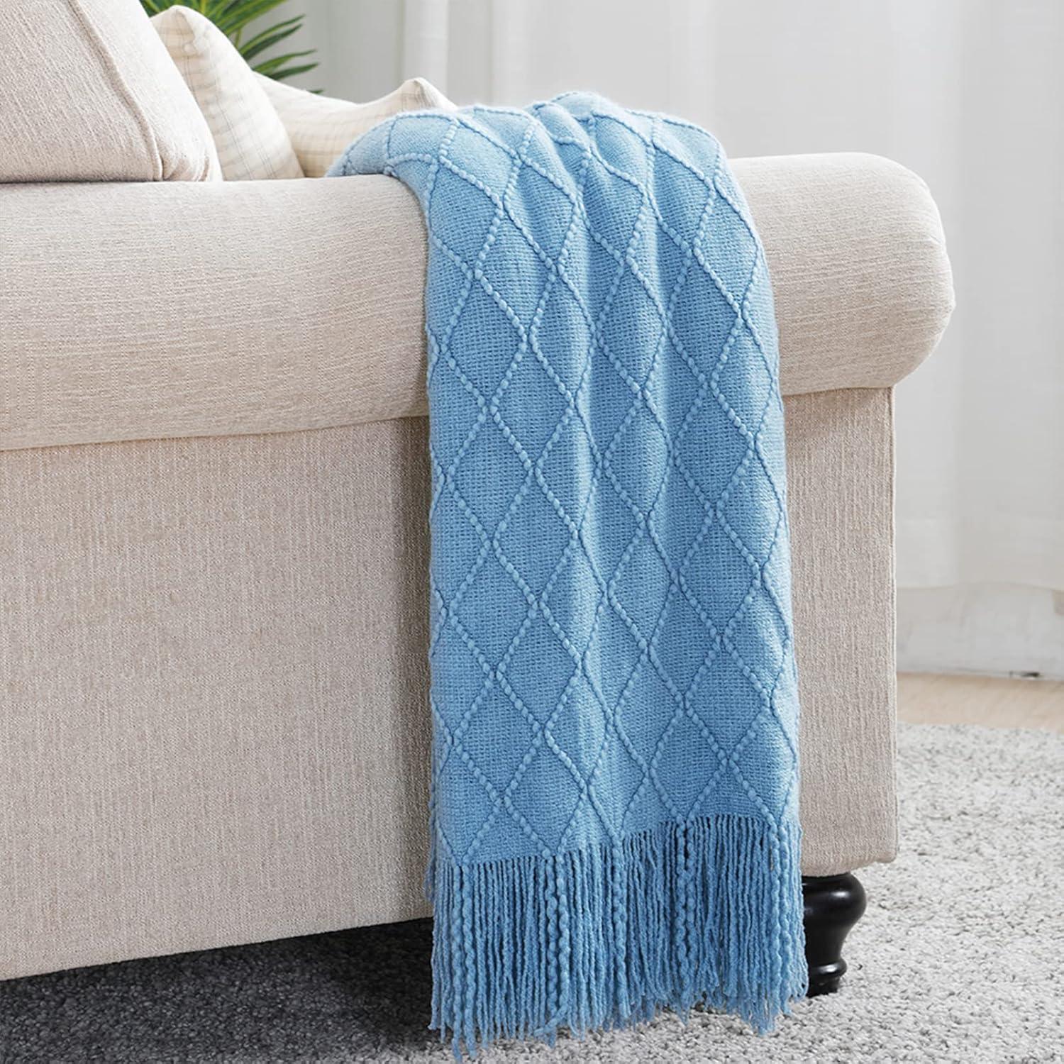 Bailu Textured Solid Color Soft Sofa Decor Knitted Blanket, 50" x 60" Blue