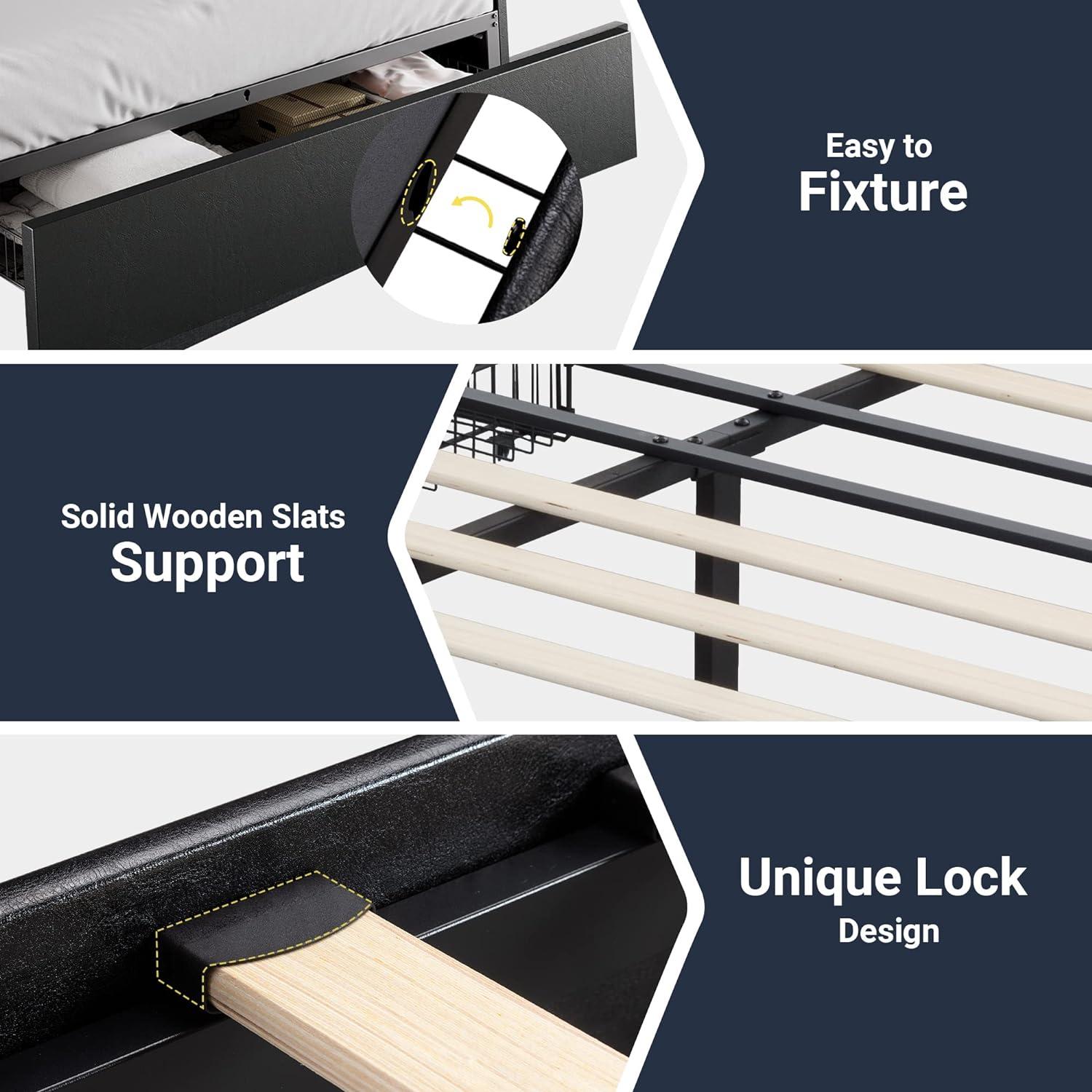 Modern Black Faux Leather Queen Bed Frame with Storage Drawers