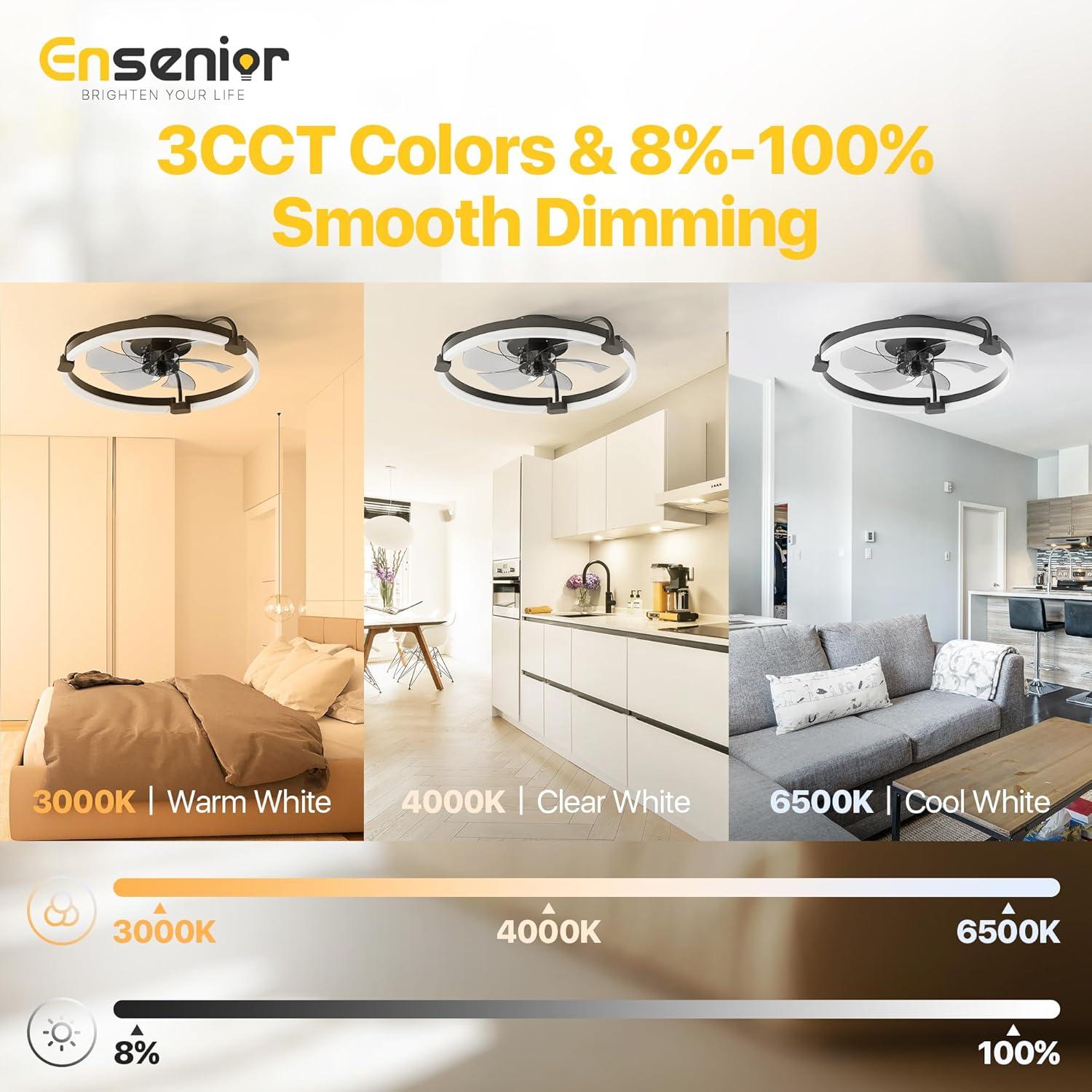 Ensenior 20'' Low Profile Ceiling Fans with Lights and Remote, Fandelier Ceiling Fan Flush Mount, APP Control, 6 Speed & 3000K-6500K Stepless Dimmable Small Ceiling Fan with Light for Bedroom - Black