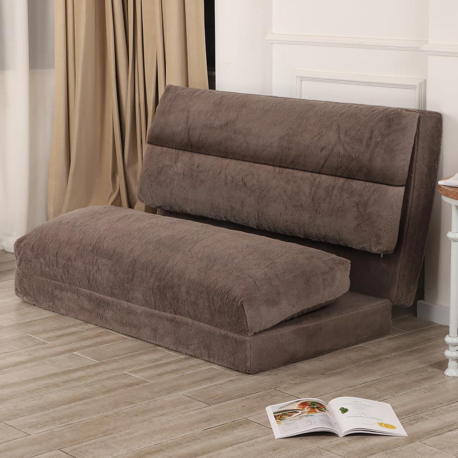 Bean Bag Bed for Adults, 54x95 Inch Floor Sofa Bed with Washable Soft Faux Fur Cover, Fluffy Soft Foldable Couch for Living Room, Bedroom, Guest Room (Brown)