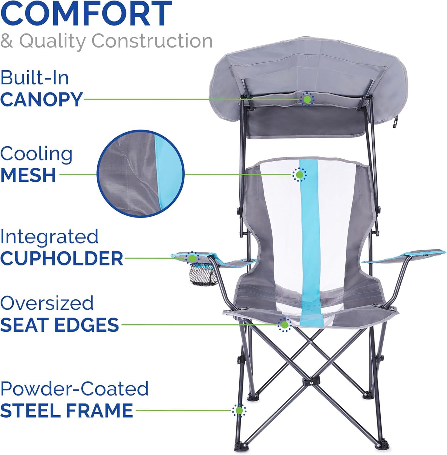 Kelsyus Premium Portable Camping Folding Outdoor Lawn Chair w/ 50+ UPF Canopy, Cup Holder, & Carry Strap, Blue & Gray