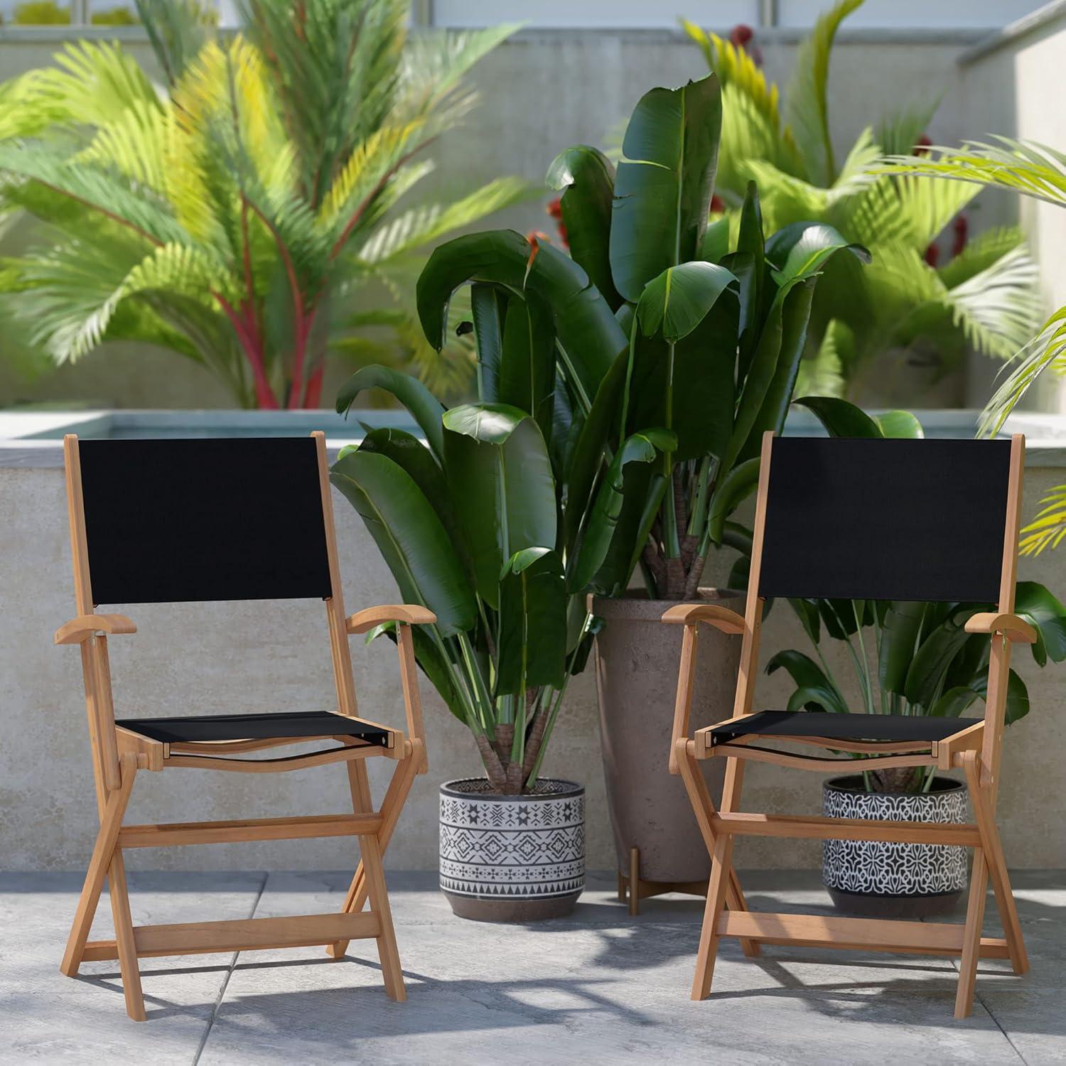 Flash Furniture 2PK All-Weather Acacia Wood and Mesh Folding Bistro Armchairs - Natural/Black