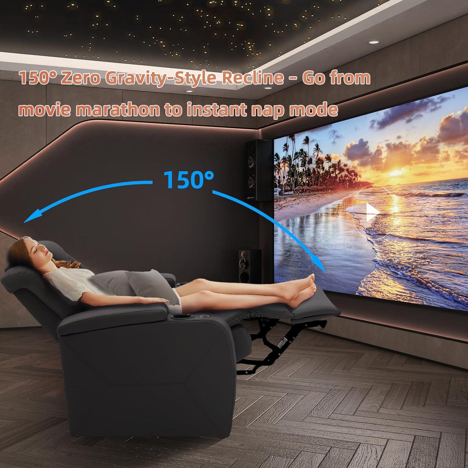 Top Grain Leather Home Theater Seating Power Headrest & Memory Function, 7-Color Ambient Lighting, USB/Type-C Charging, Easy Assembly Electric Recliner Chair (Row of 3)