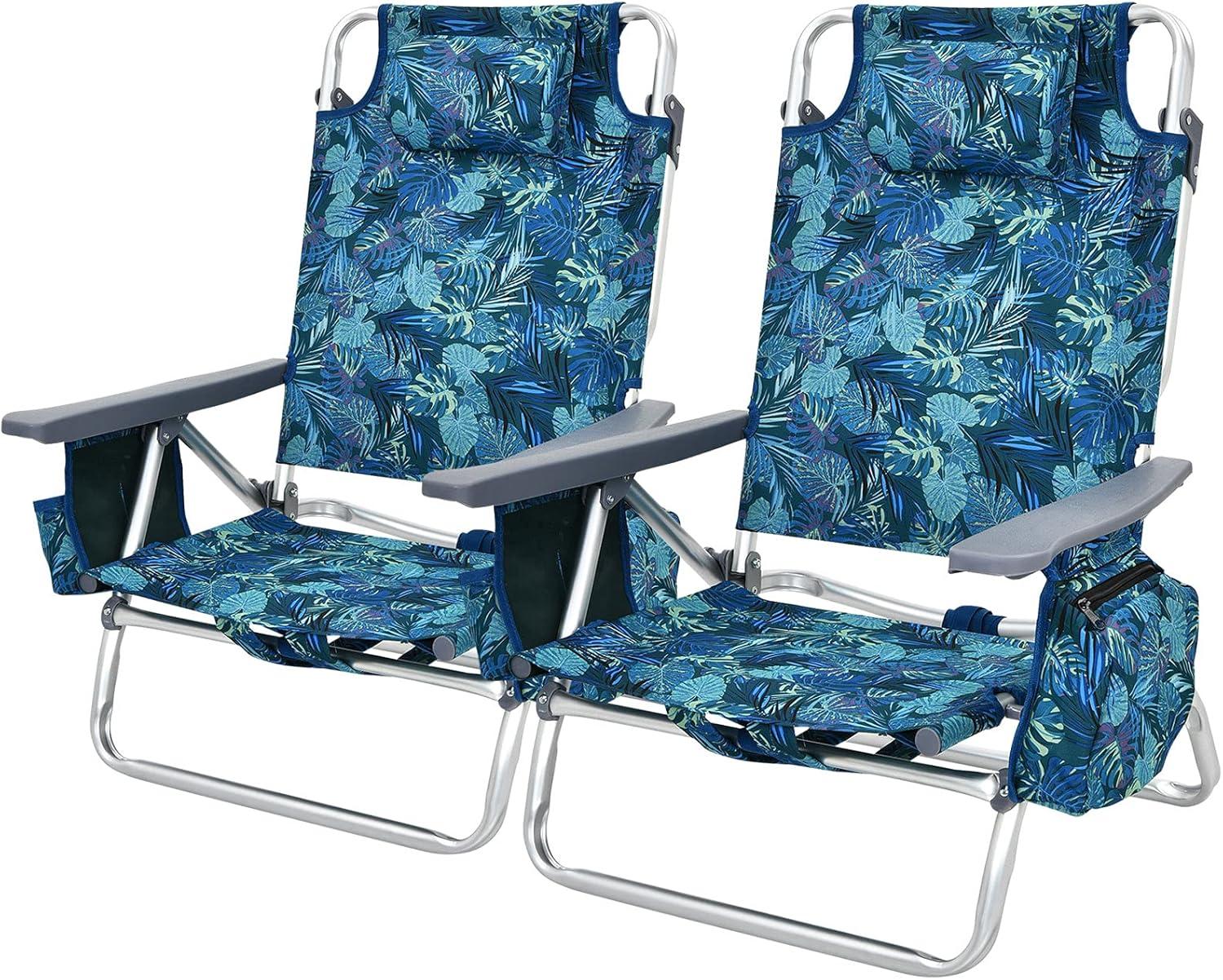 Topcobe 2-Pack Folding Backpack Beach Chair 5-Position Outdoor Reclining Chairs with Pillow, Foldable Outdoor Patio Chair for Deck, Backyard, Navy