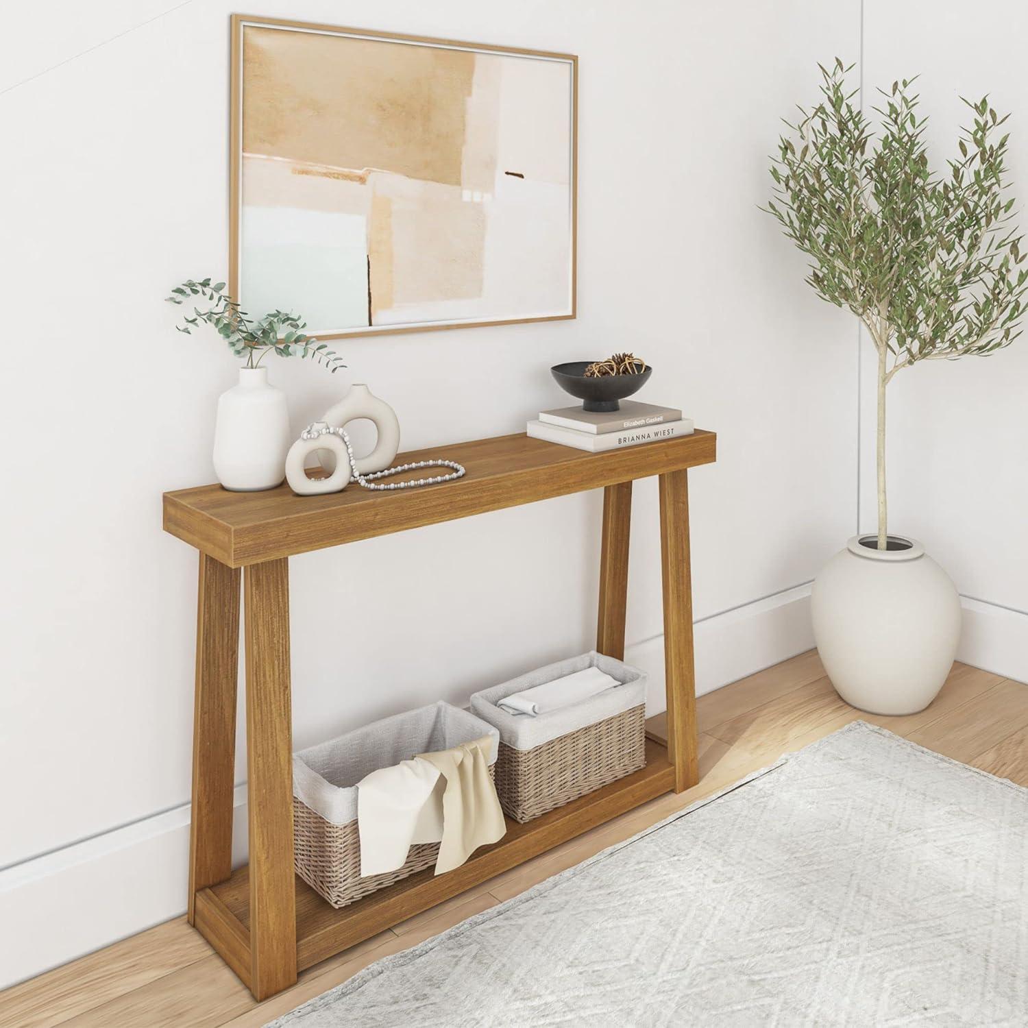 Plank+Beam 46" Solid Wood Console Table with Storage, Sofa Table with Shelf, Narrow Entryway Table for Hallway, Pecan