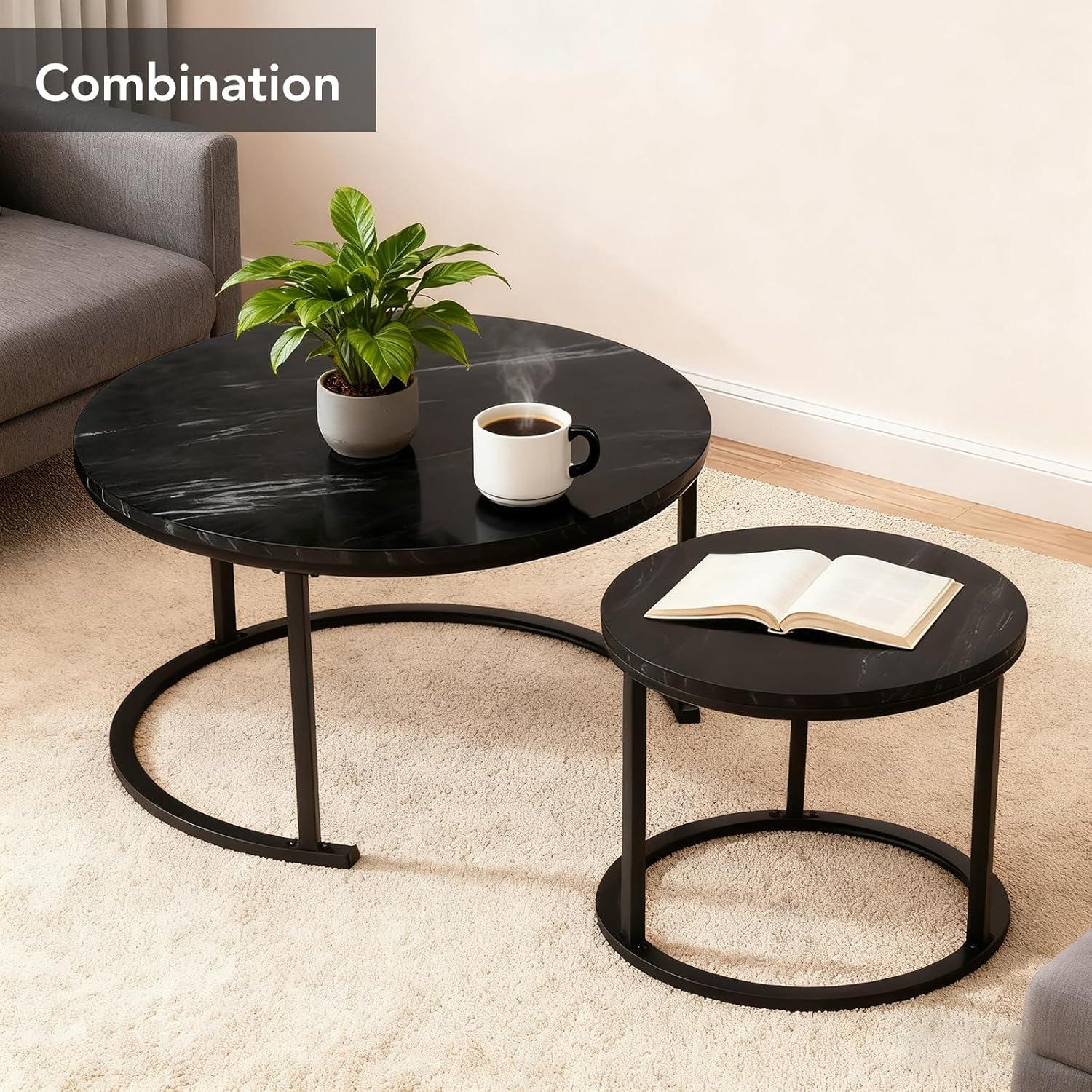 Yesfashion Nesting Coffee Table Set Of 2, 27.6" Round Coffee Table Wood Top With Sturdy Metal Frame, End Table Side Tables For Living Room Bedroom Balcony Yard