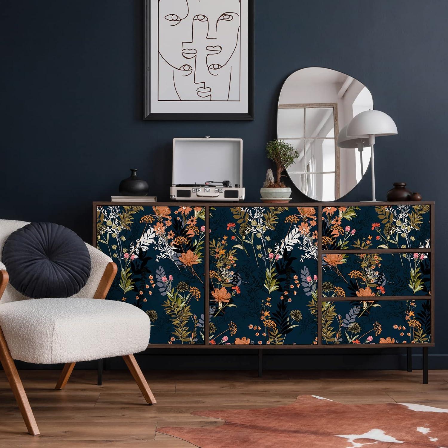 VEELIKE Midnight Blue Meadow Floral Peel and Stick Wallpaper Wildflowers Floral Wallpaper 17.7x354'' Dark Blue Contact Paper for Cabinets Shelves Drawers Removable Wallpaper for Bedroom Bathroom Walls