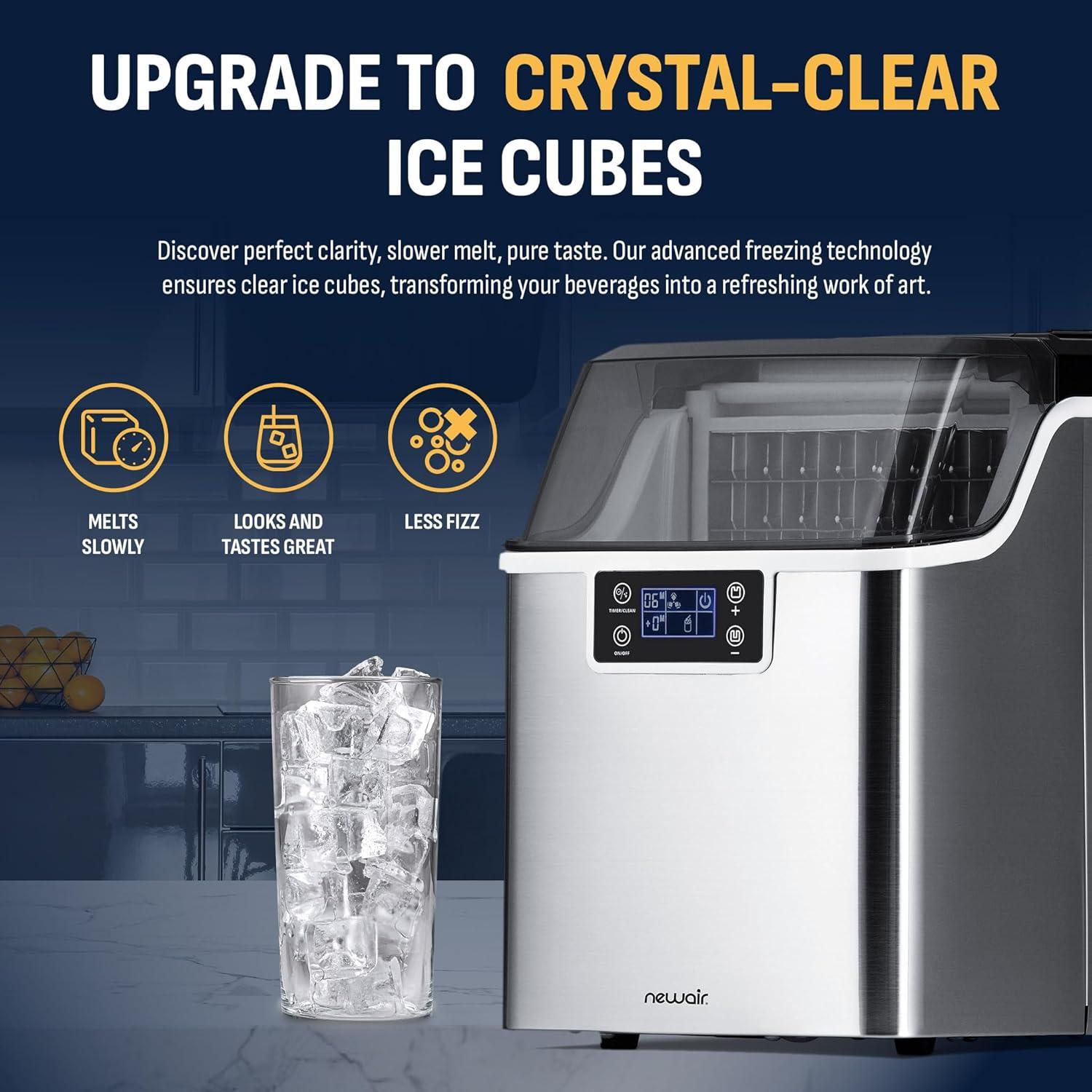 Newair Countertop Clear Ice Maker, 45lbs/Day Ice Cube Machine, Self-Cleaning Function and Custom Ice Thickness, Portable Ice Maker, 24H Timer