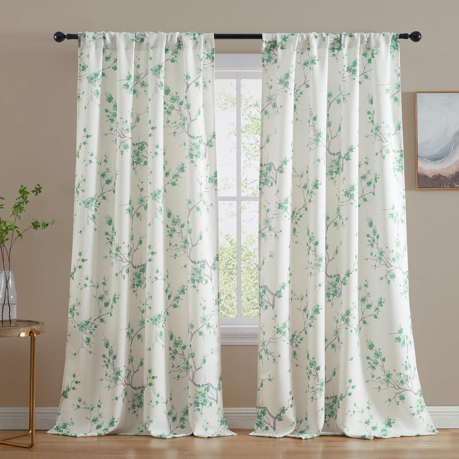 Seafoam Green Floral Blackout Faux Silk Curtain Panels, 52 x 84 in