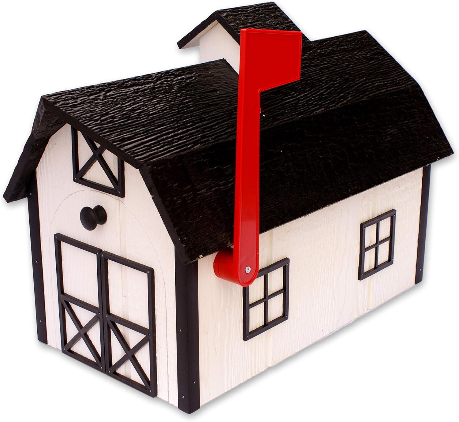 White and Black Wooden Barn Style Mailbox with Cupola