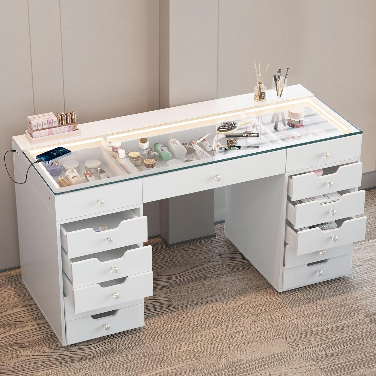 White 60" Vanity Desk with 13 Drawers and LED Lighting