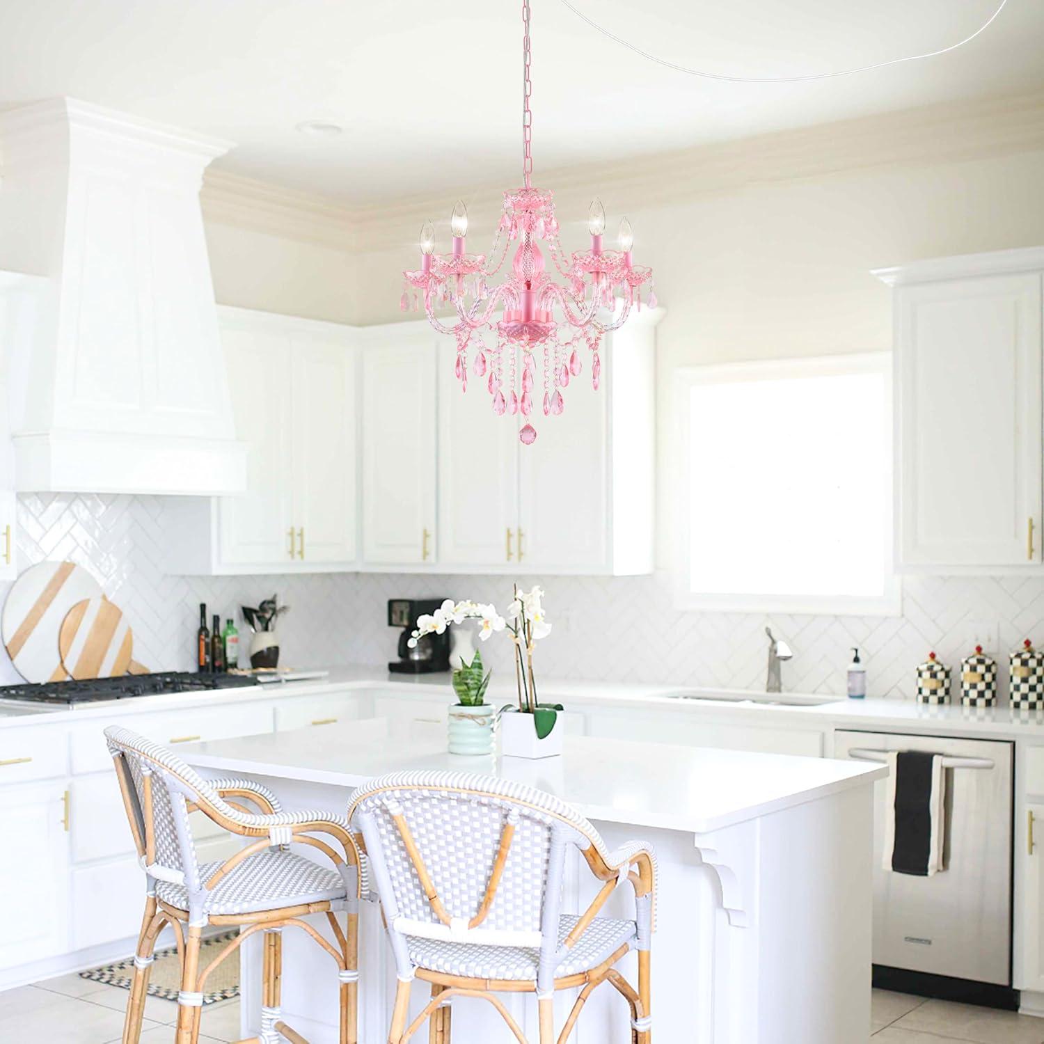 Plug-in 5 Lights Pink Crystal Hanging Pendant Light Acrylic Chandelier with Clear Cord & On/Off Switch H19 D19.7 for Kitchen Island Girls' Room Dining Area Laundry Pavilion.