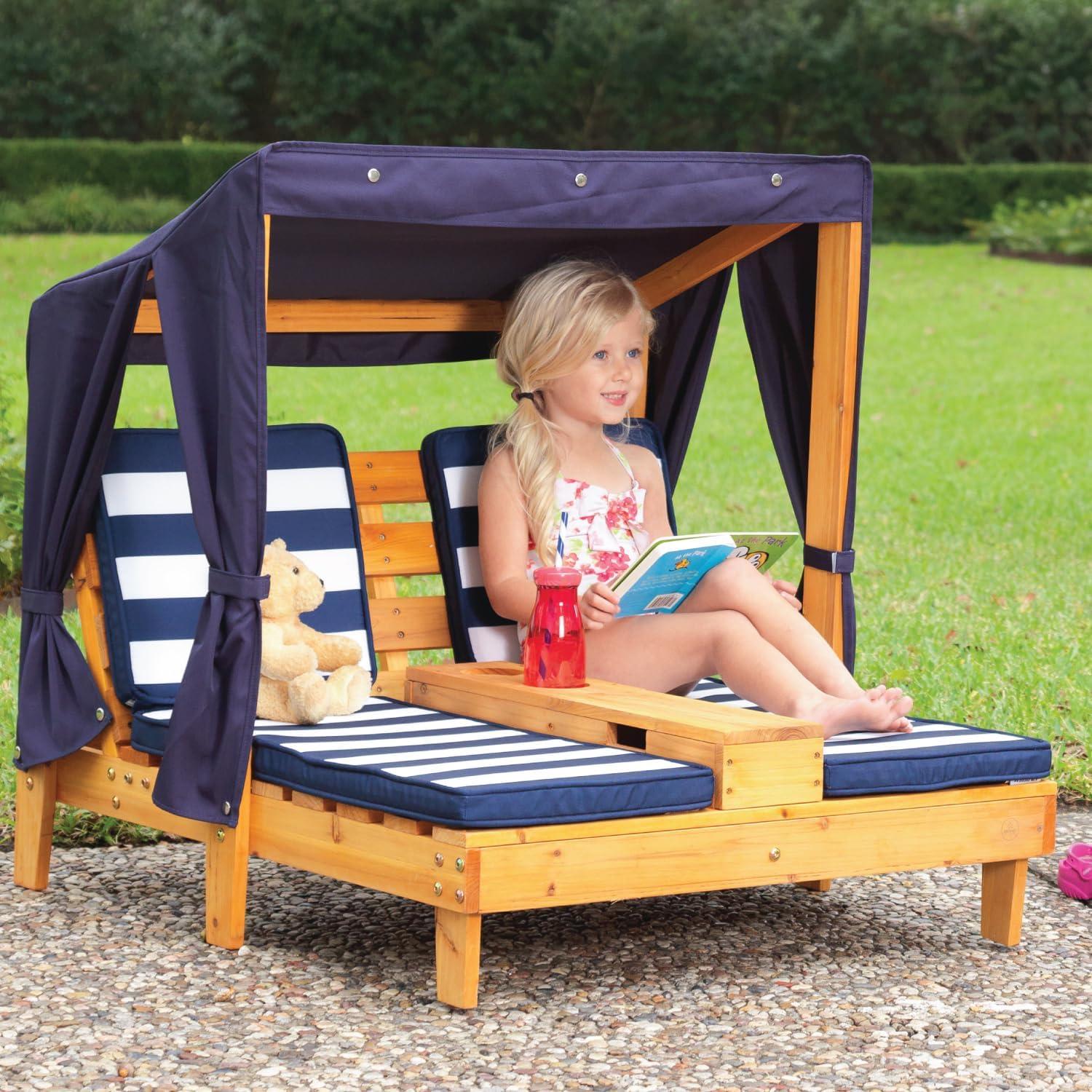 KidKraft Wooden Outdoor Double Chaise with Cup Holders, Kid's Furniture, Honey & Navy