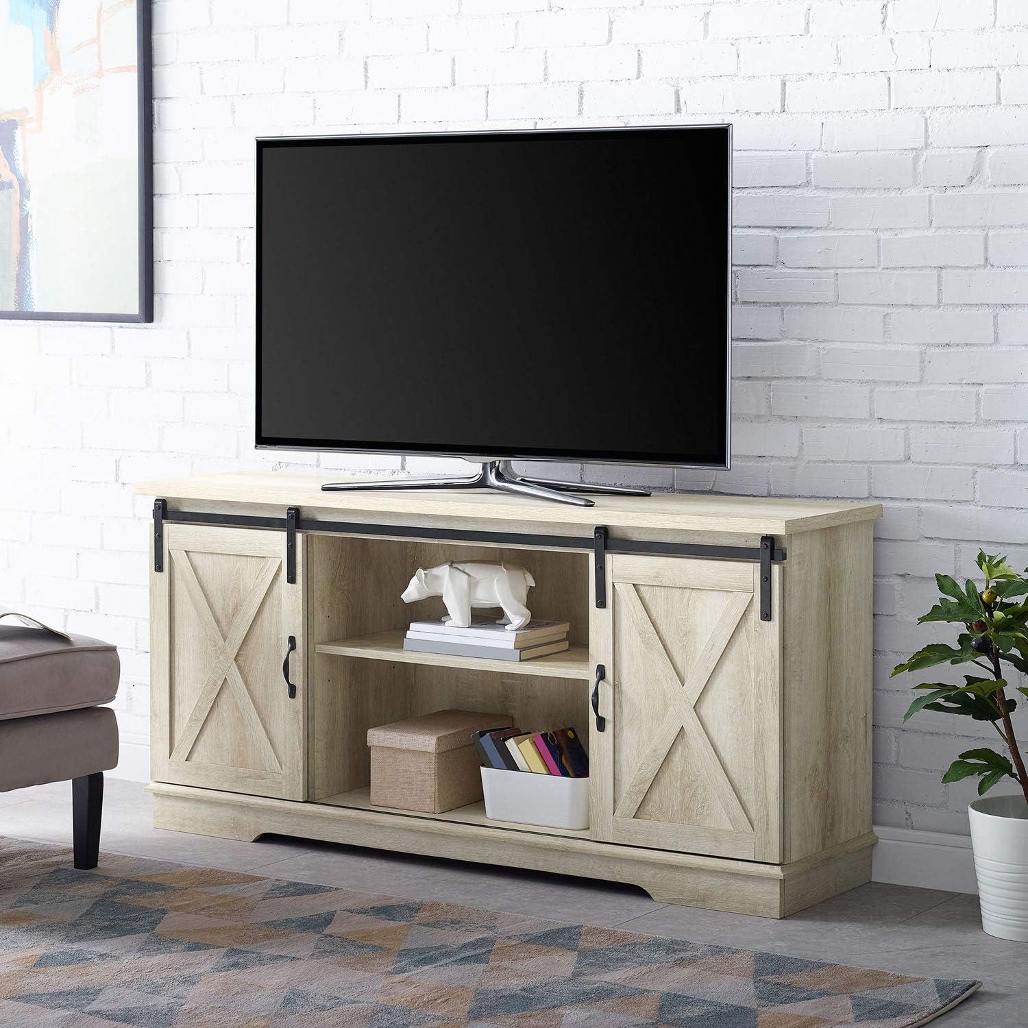 58" Modern Farmhouse Wood TV Stand with Sliding Barn Doors - Solid White Oak