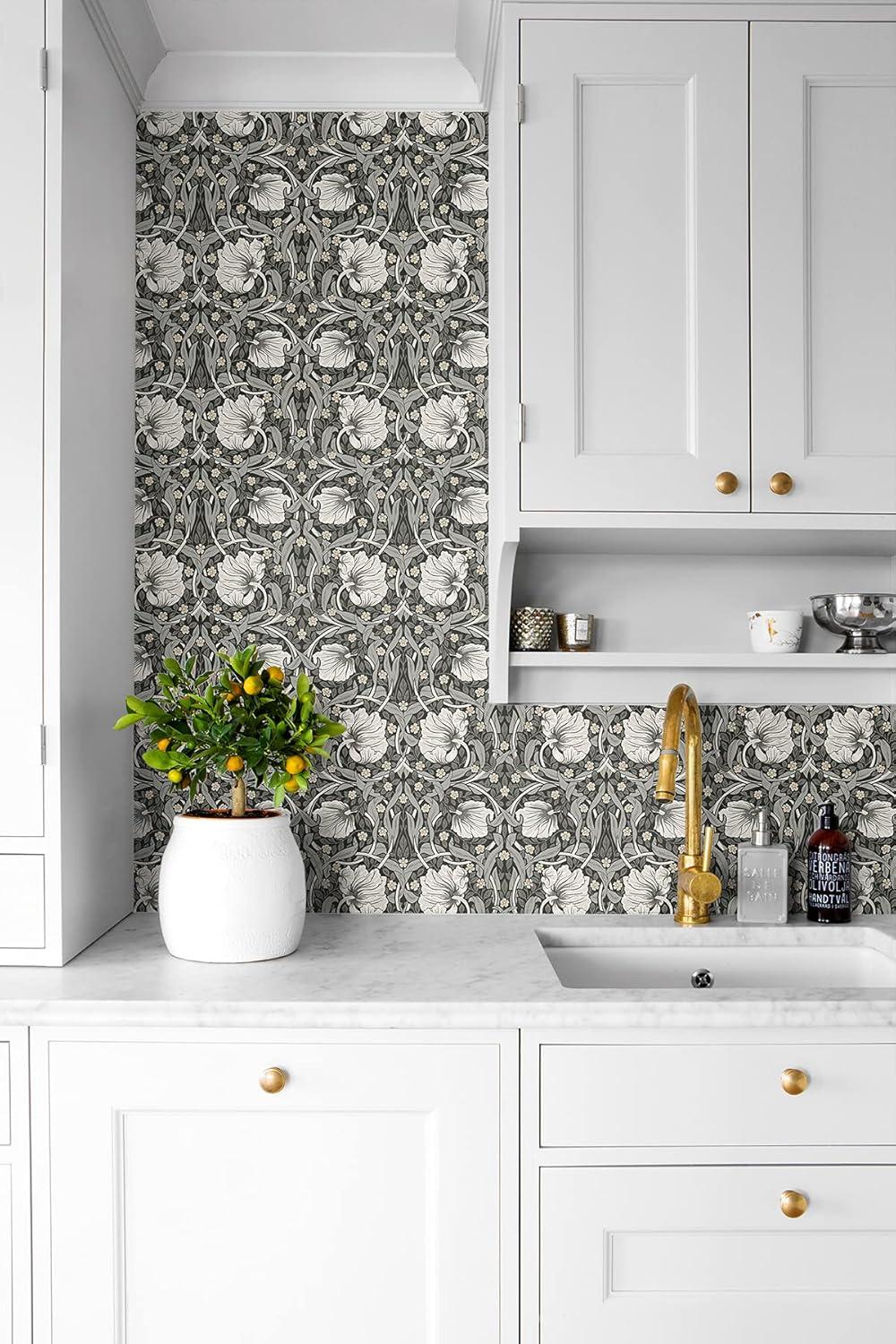 NextWall Charcoal & Pearl Grey Pimpernel Floral Peel and Stick Wallpaper