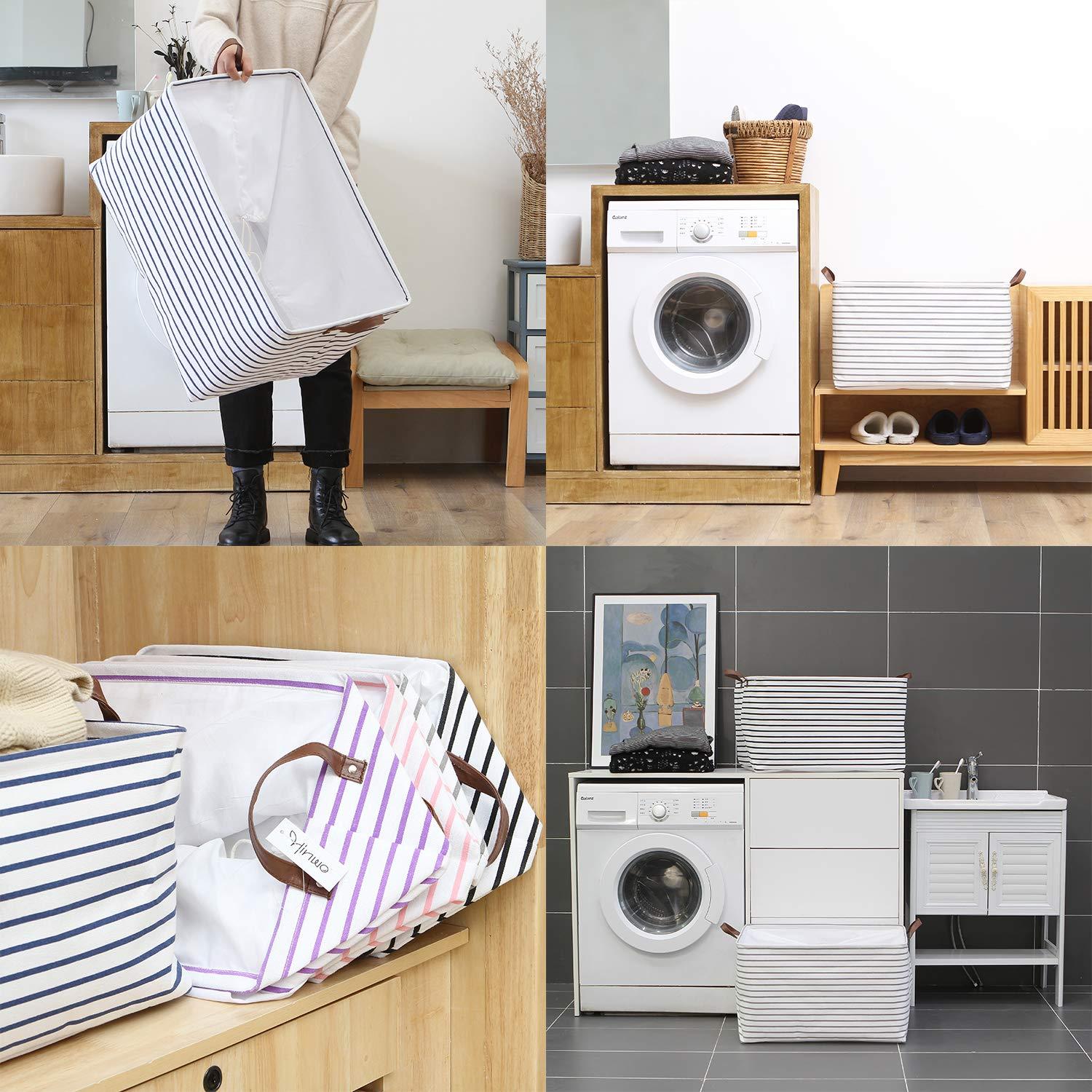 Hinwo 2-Pack Extra Large Canvas Fabric Storage Baskets with Handles, 70L Oversized Storage Bins, Collapsible Storage Box, Clothes, Toys, Blankets Organizers, 22 x 15 x 13 inches, (Purple Stripe)