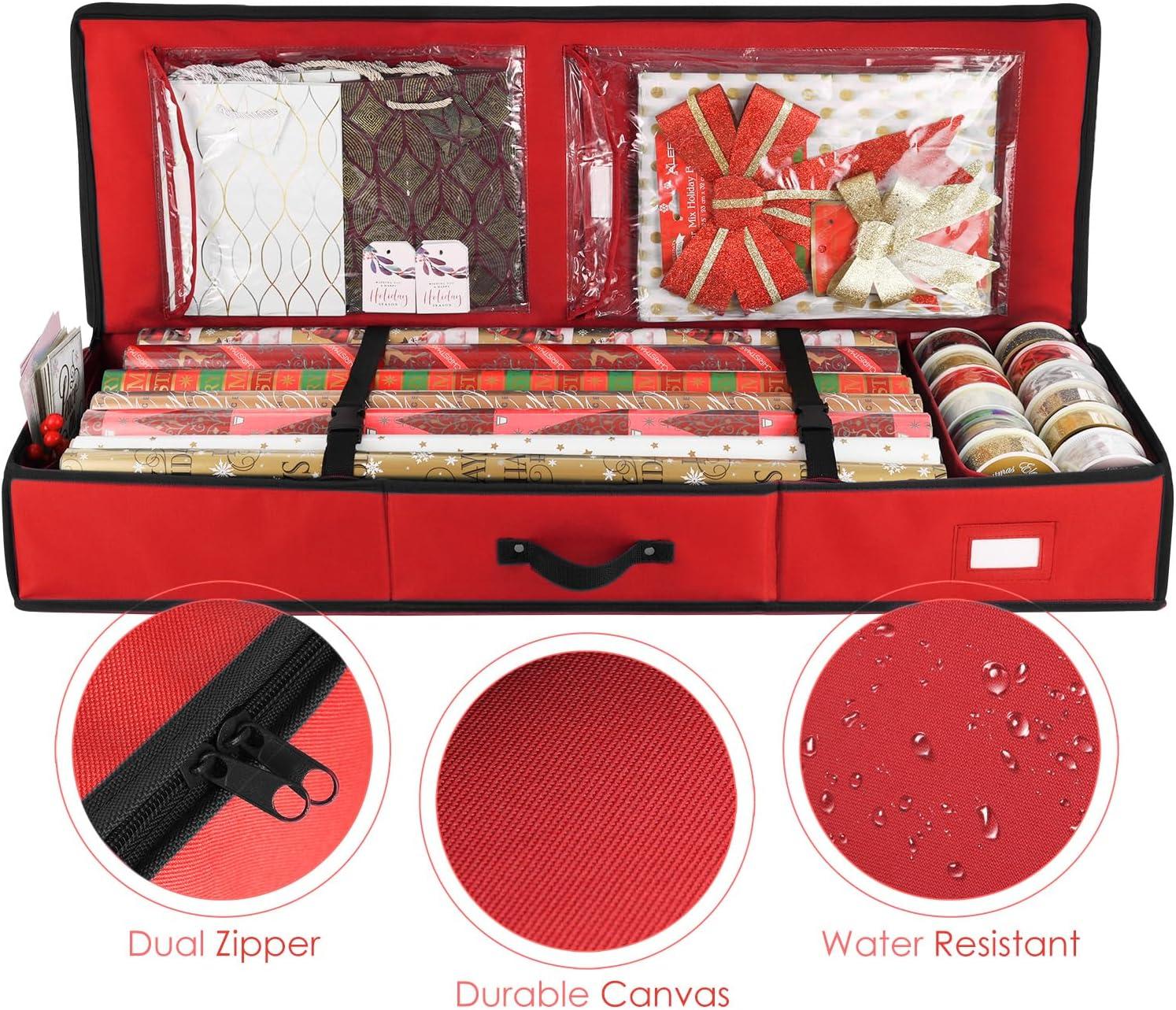 Hearth & Harbor Wrapping Paper Storage Container - Christmas Storage Bag with Interior Pockets - Fits Up to 22 Rolls of 40" - Red