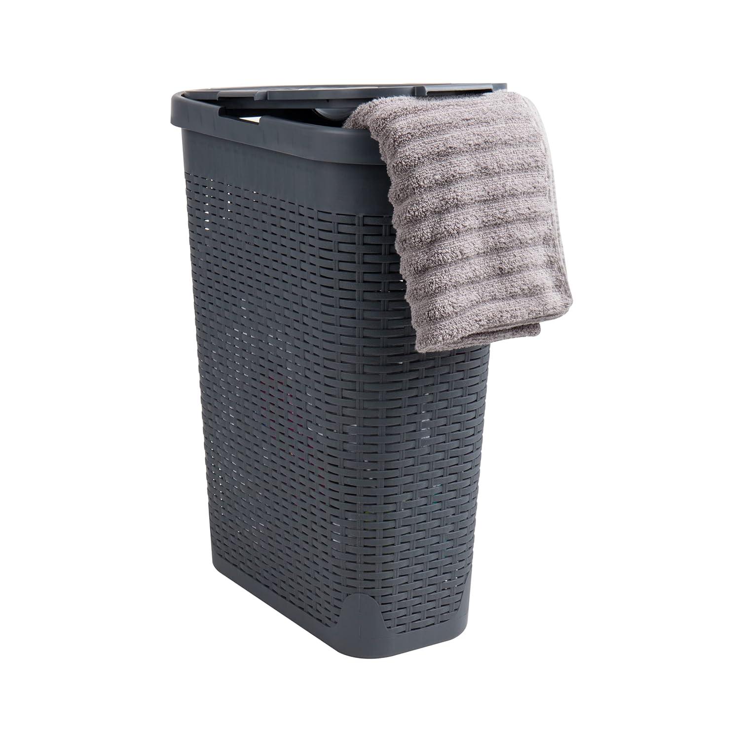 The Twillery Co.® 40L Slim Laundry Hamper, Clothes Basket, Lid, Wicker Design, Plastic