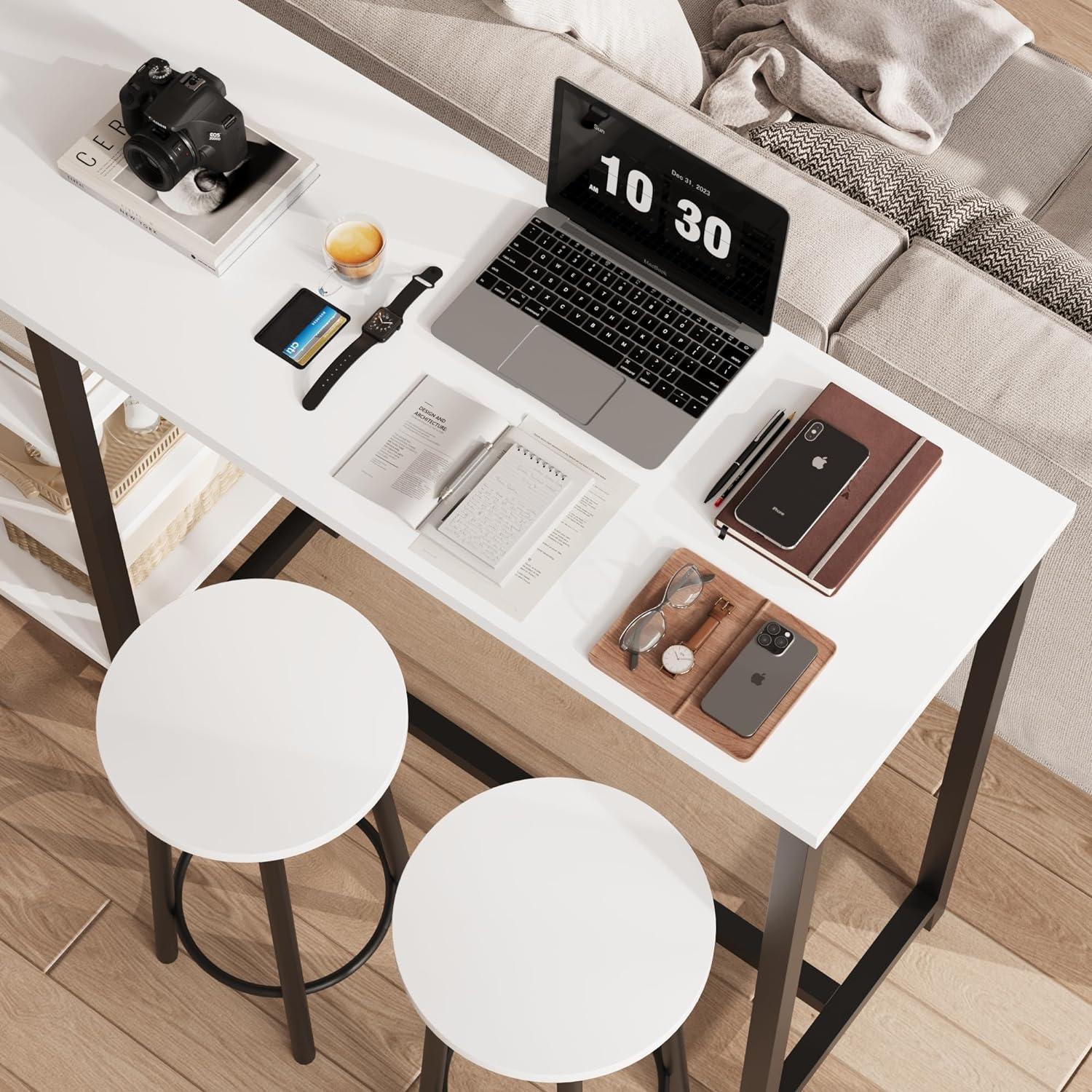 White and Black MDF and Metal Pub Table Set with Shelves