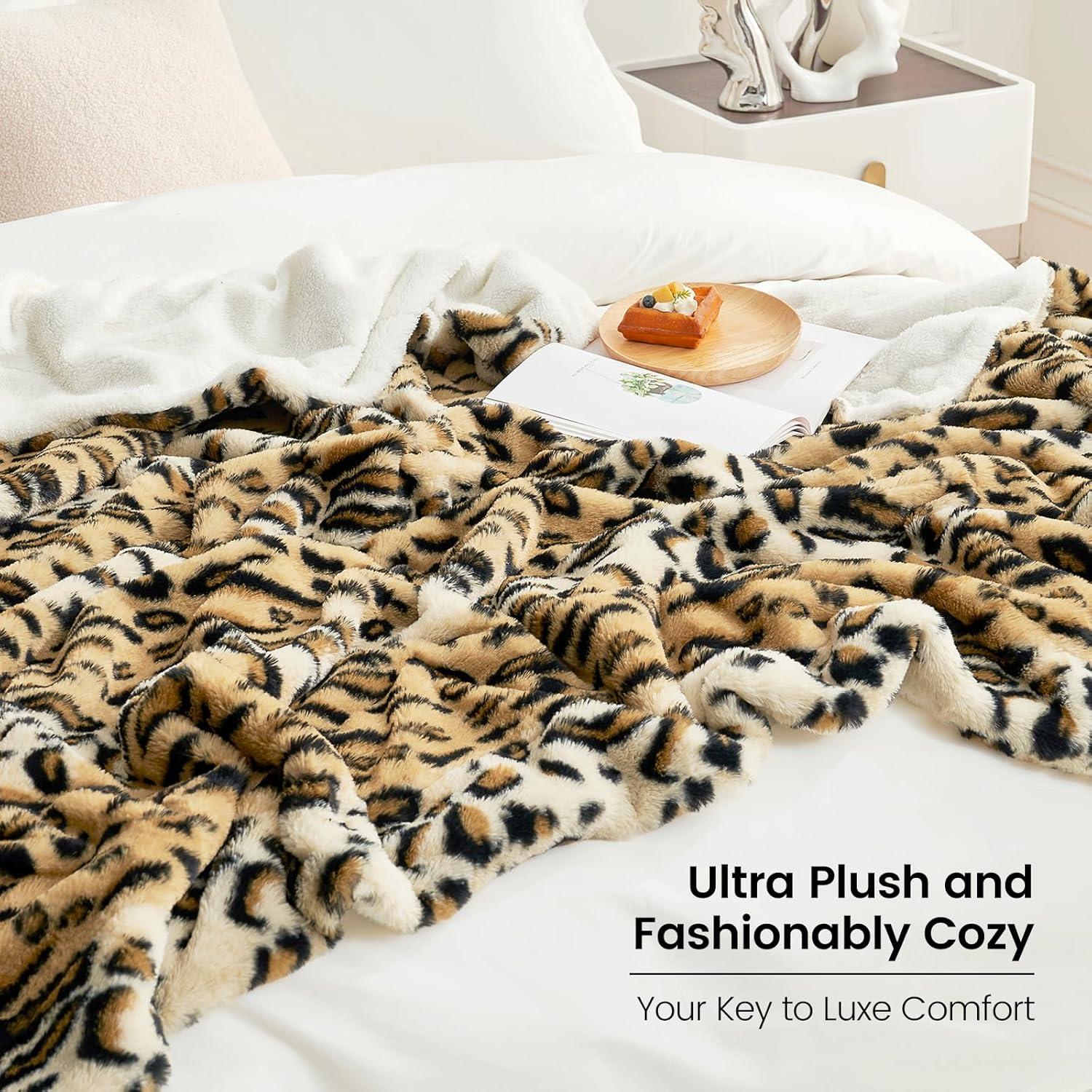 Luxury Faux Fur Throw Blanket Leopard Print, Non Shedding Double Sided Sherpa Blankets Super Soft Fluffy Thick Warm Throws Home Decor For Couch Bed Sofa Women