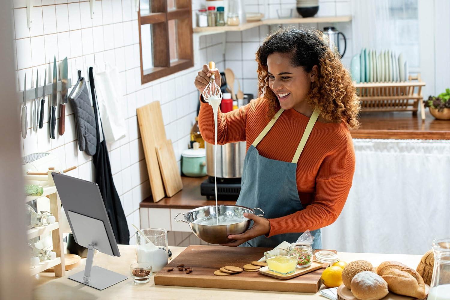 Durable Aluminum Tablet Stand for 7" to 13" Tablets and Smartphones - Height and Angle Adjustable for iPad, Samsung, and More - Foldable Kitchen and Desk Holder