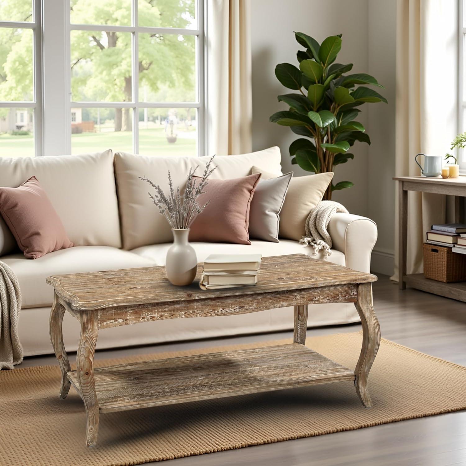 Alaterre Austerity Wood Coffee Table with Open Shelf, Driftwood Natural Finish, Accent & Occasional Furniture, Assemble Required