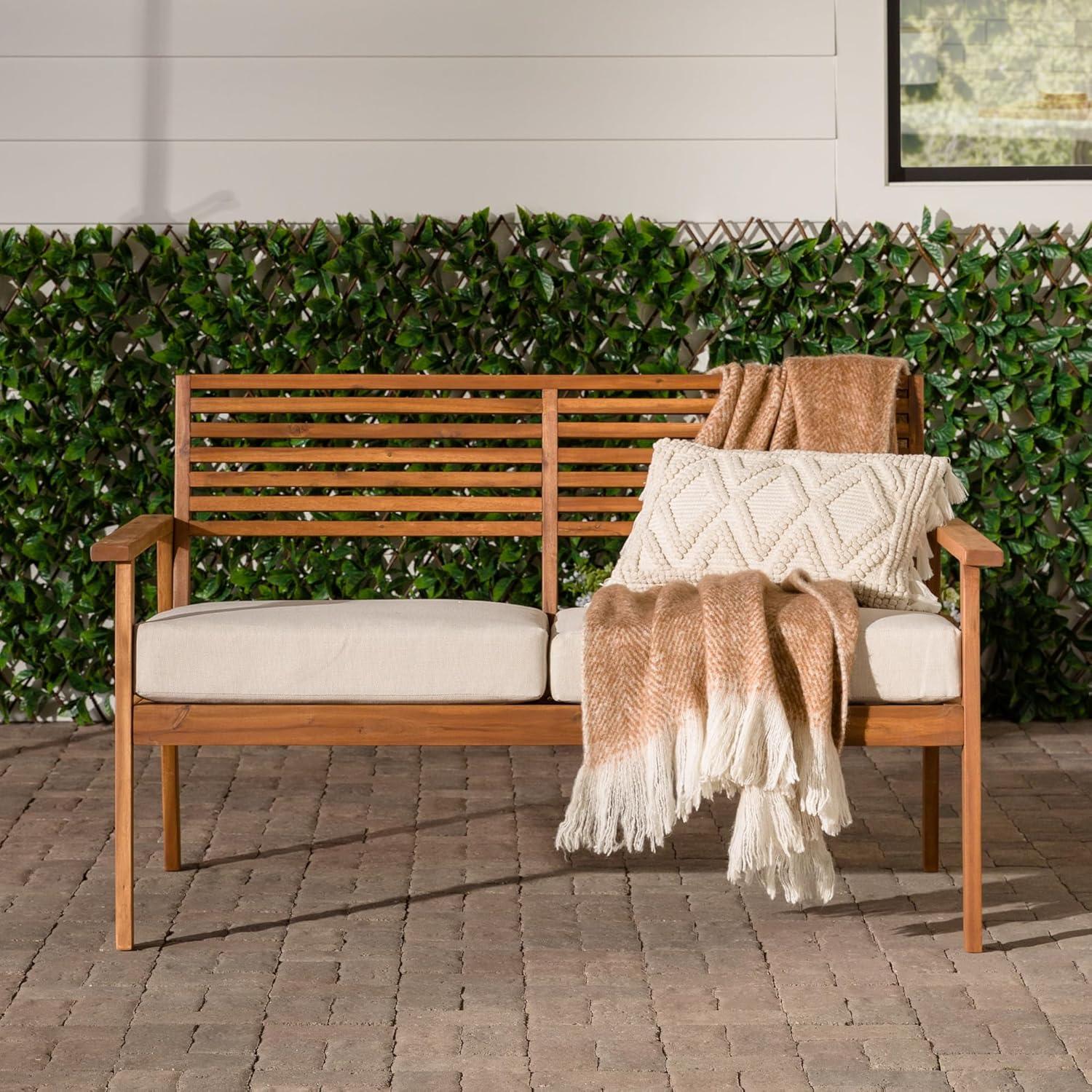 Modern Brown Solid Acacia Wood Outdoor Loveseat with Cushions