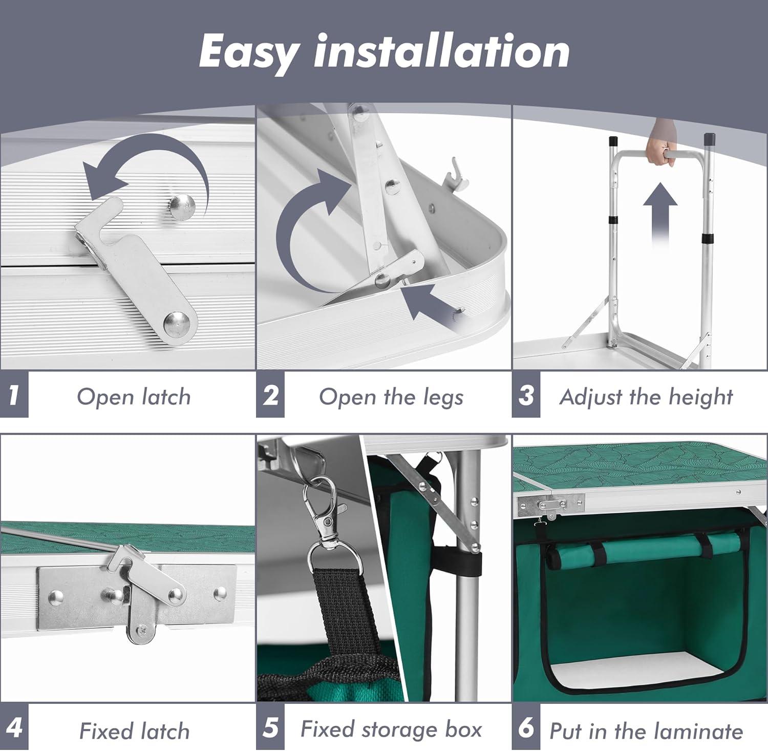 Green Aluminum Folding Camping Table with Adjustable Legs