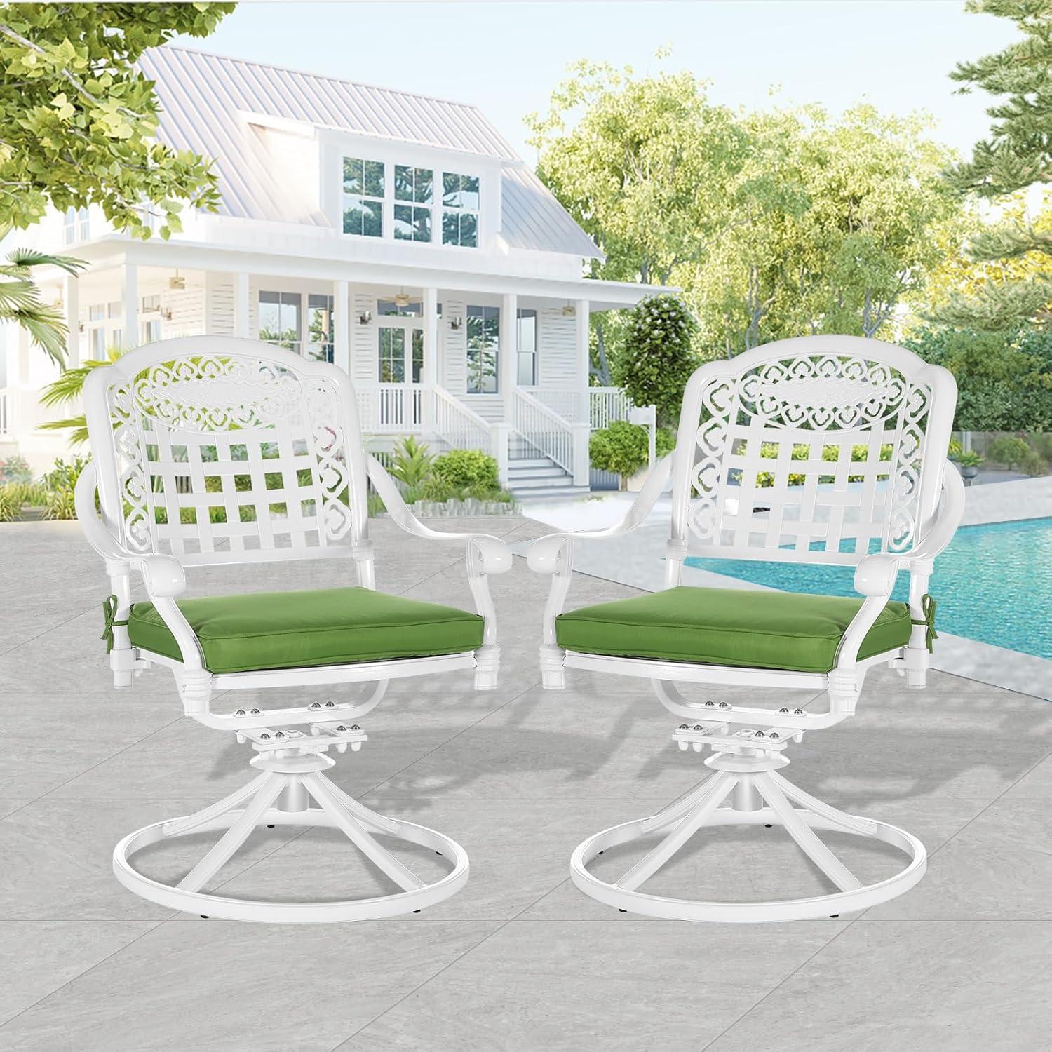 VIVIJASON Vivijason Patio Swivel Dining Chairs Set Of 2, All Weather Cast Aluminum Outdoor Dining Rocker Chairs, Patio Furniture Chair Set With Cushion For Balcony, Lawn, Garden, Backyard, White/green Cushion