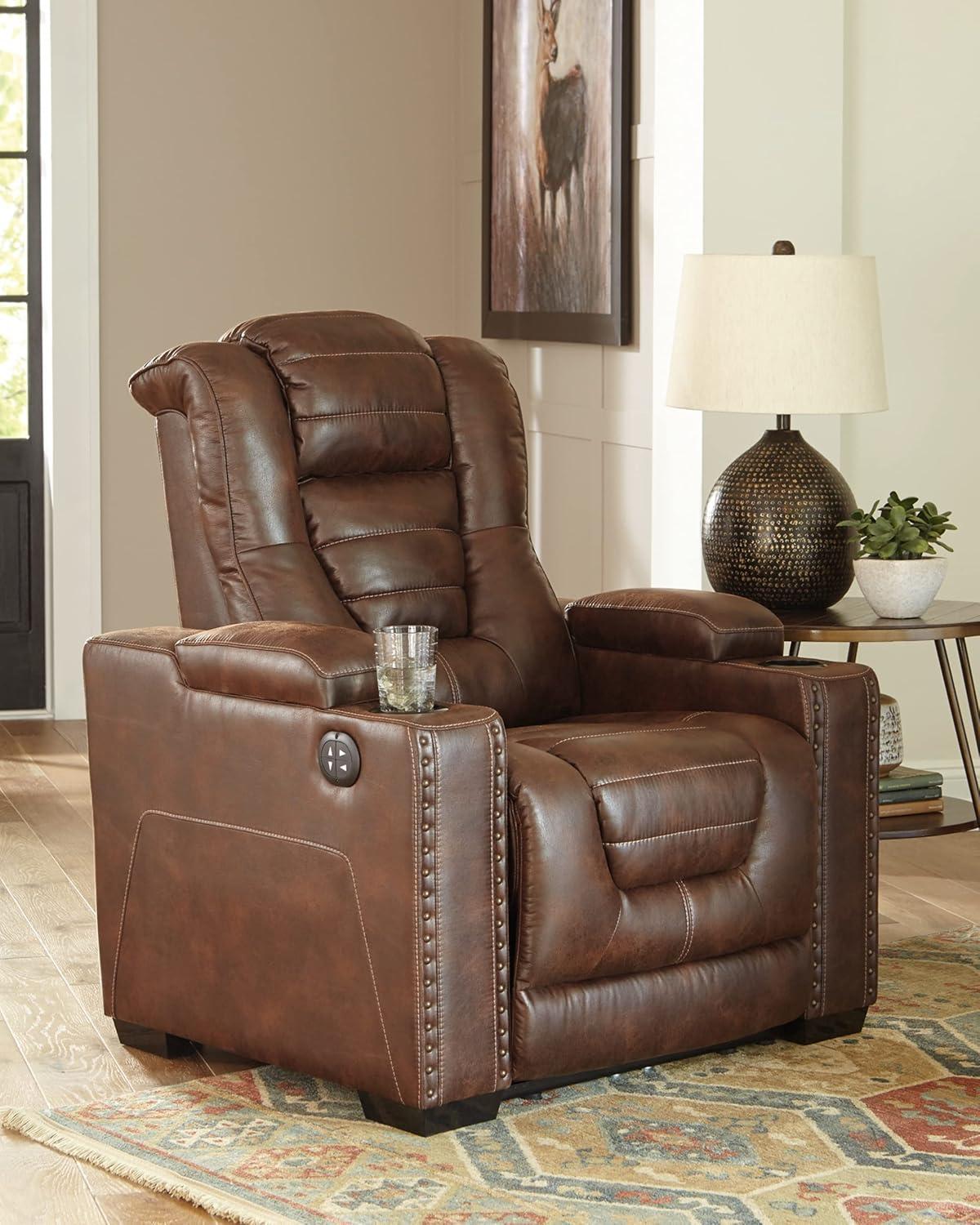 Ashley Furniture Owner's Box Faux Leather Power Recliner in Thyme