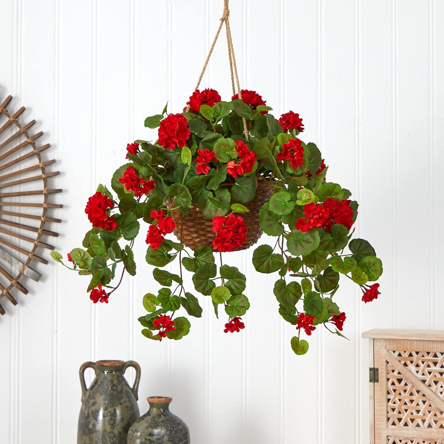 Nearly Natural Geranium Hanging Basket Silk Plant: Indoor Artificial Foliage, Wicker Planter