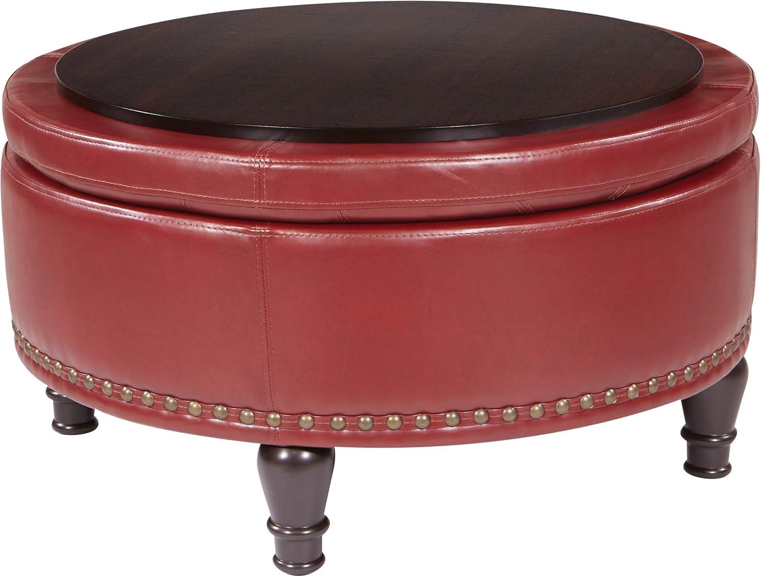 OSP Home Furnishings Augusta Round Storage Ottoman in Crimson Red Bonded Leather with Decorative Nailheads