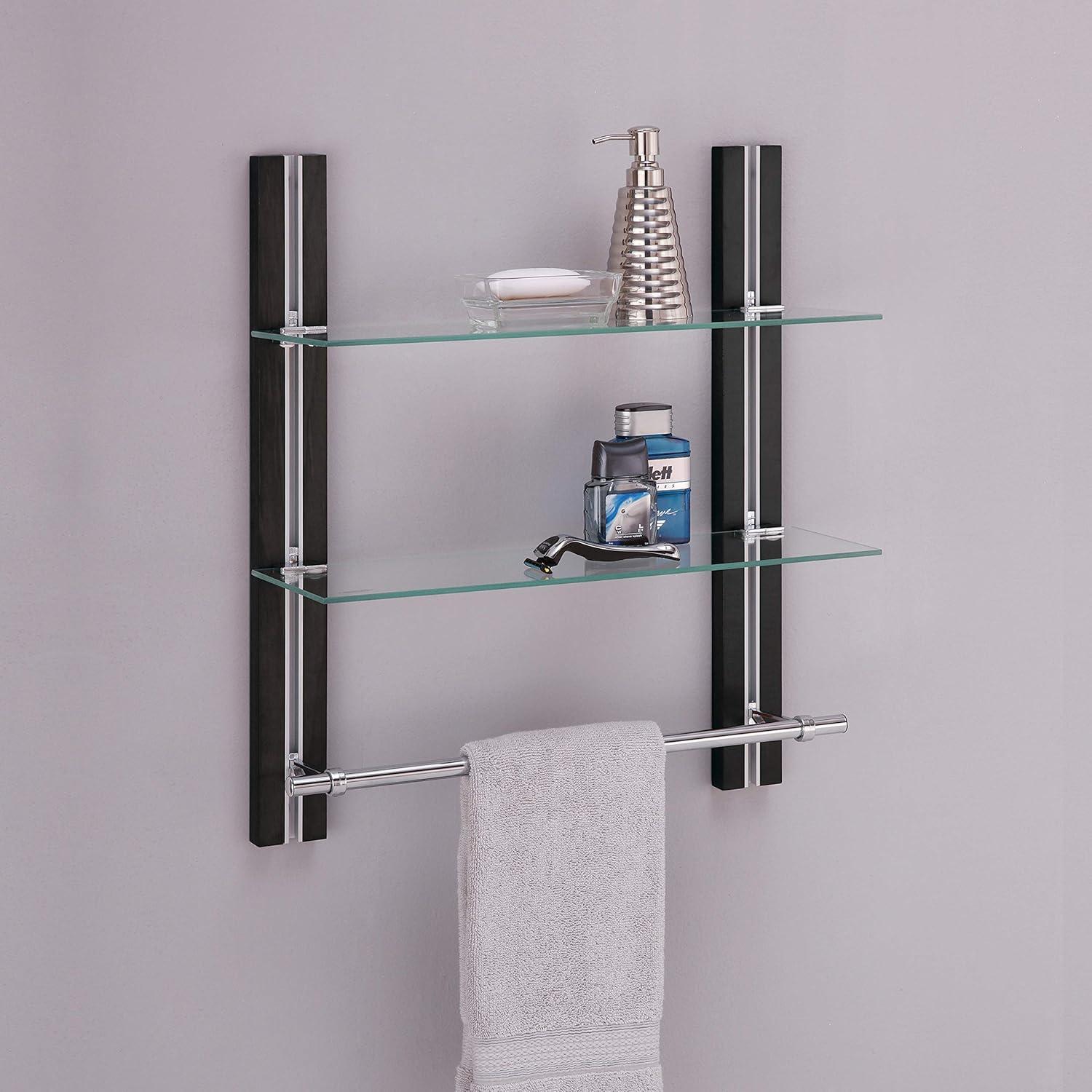 Organize It All Two Tier Deluxe Wood Glass Shelf with Towel Bar Brown : Microfiber, Machine Washable, Non-Slip Backing