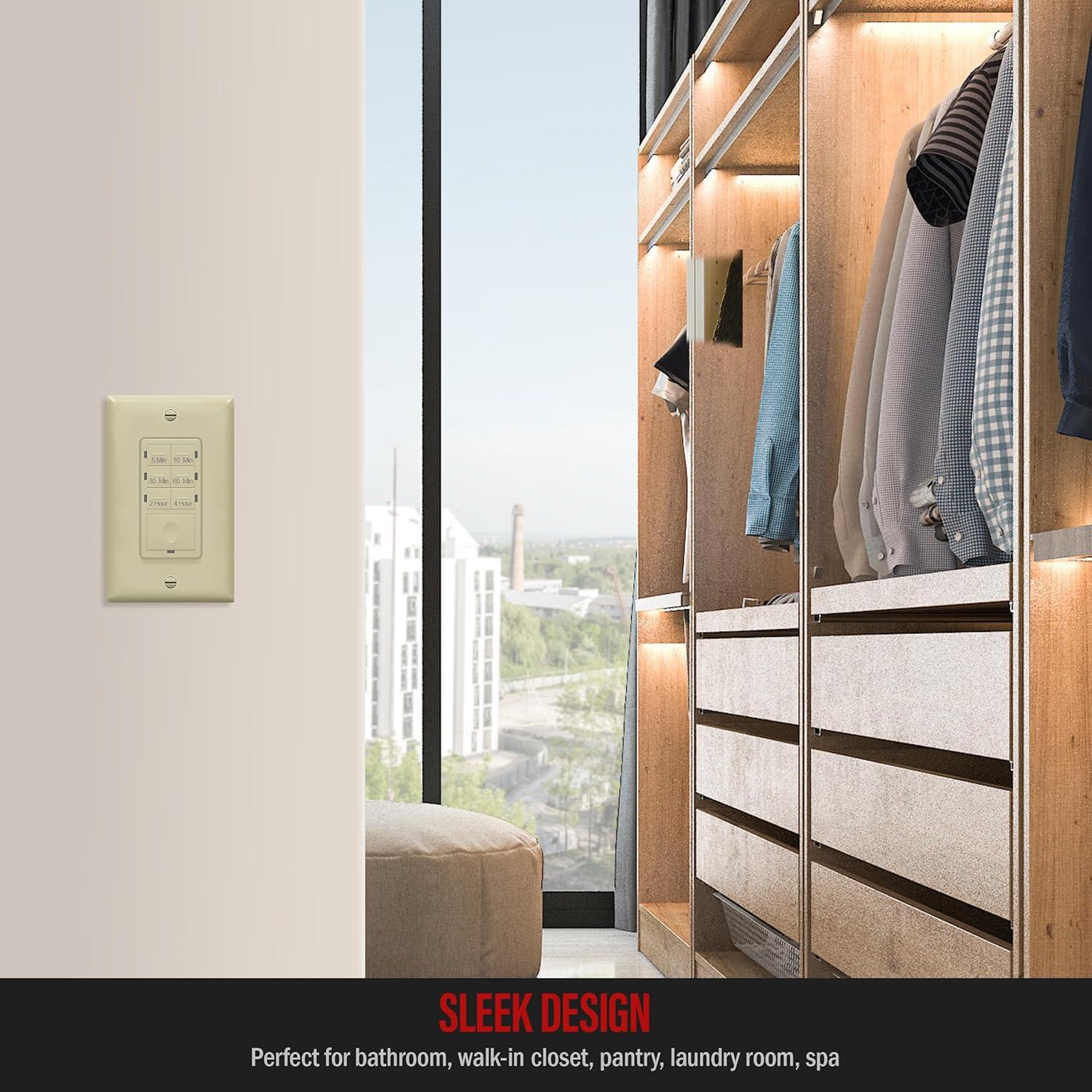 ENERLITES 4-Hour Countdown Timer Switch, 5-10-30-60 Min, 2-4 Hour, for Bathroom Fans, Heaters, Lights, LED Indicator, 120VAC 800W, No Neutral Wire Required, UL Listed, HET06-J-I, Ivory