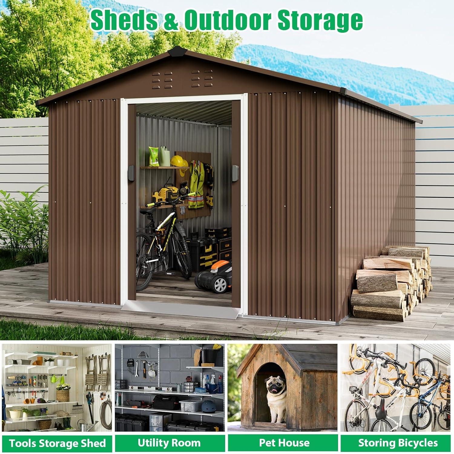 12x10 FT Outdoor Metal Storage Shed Garden Tool House With Lockable Doors and Vent Brown