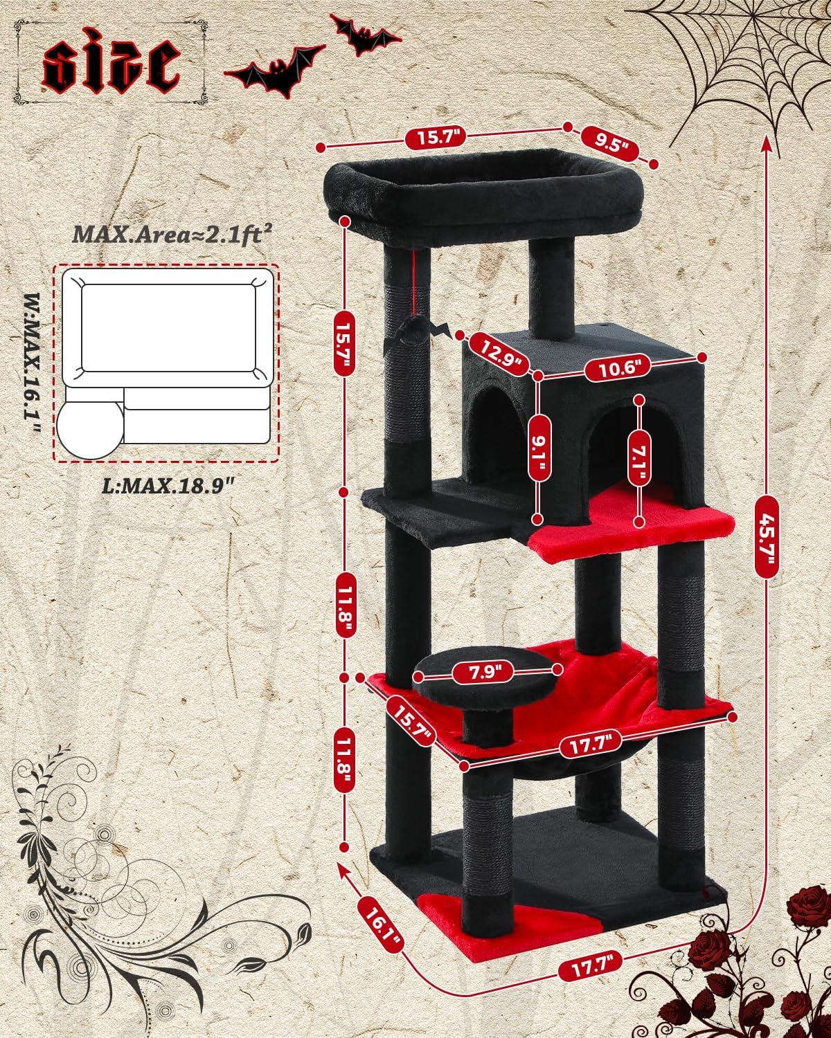 Gothic Cat Tree With Super Large Hammock, 45.7"  Cat Tower With Coffin Bed, Cat Condo, Sisal Scratching Posts & Top Perch, Multi-Level Goth Cat Tree, Halloween