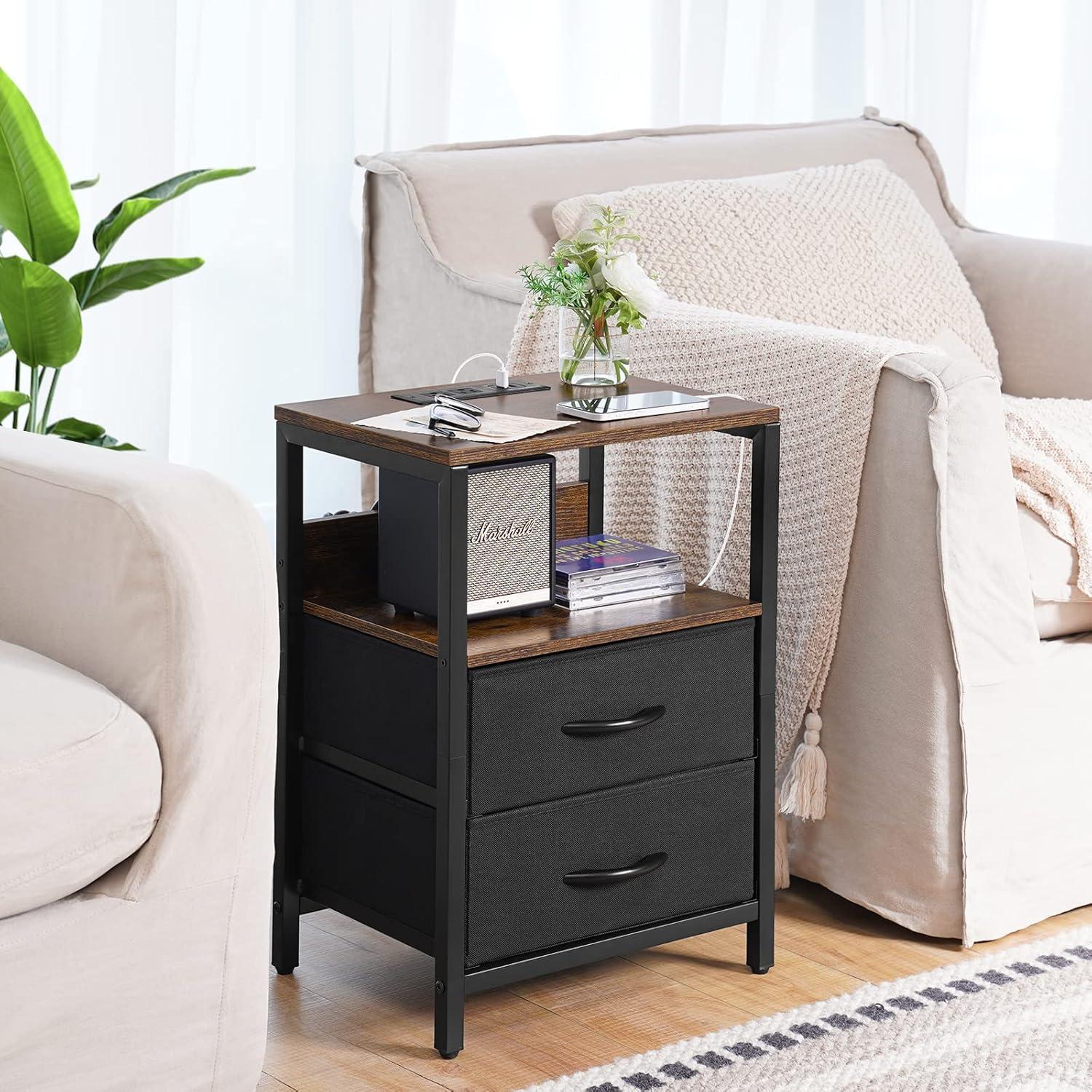 Rustic Brown and Black 2-Drawer Nightstand with Charging Station