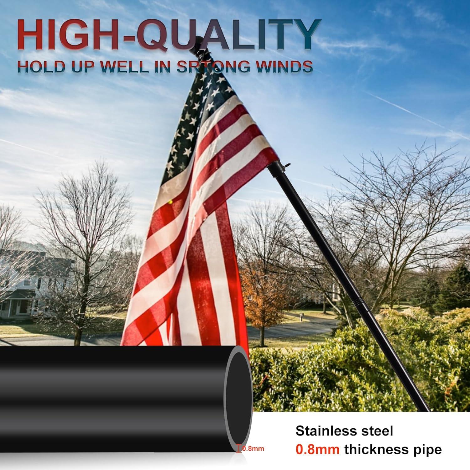 AEASKIEY 5FT Tangle Free Stainless Steel Metal Flag Pole (Black) with 3x5 Embroidered US Flag and Bracket.