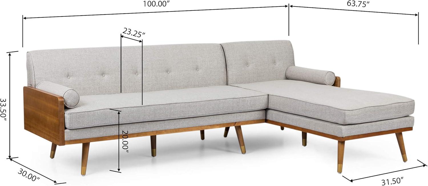 Christopher Knight Home Fluhr Mid Century Modern Button-Tufted 4 Seater Chaise Lounge Sectional Sofa, Beige/Dark Walnut