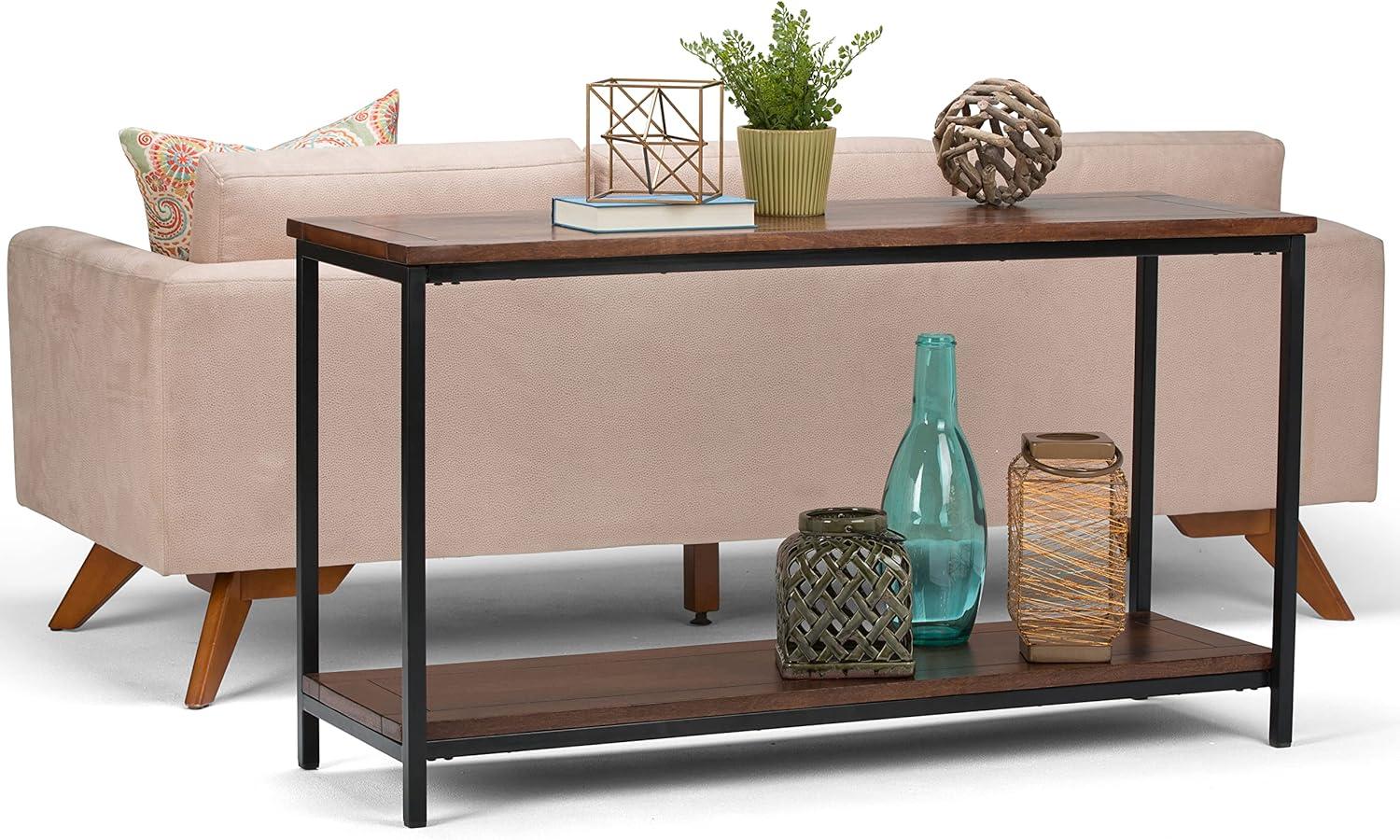 Skyler 54'' Industrial Dark Cognac Brown Solid Mango Wood & Metal Console Table with Shelf