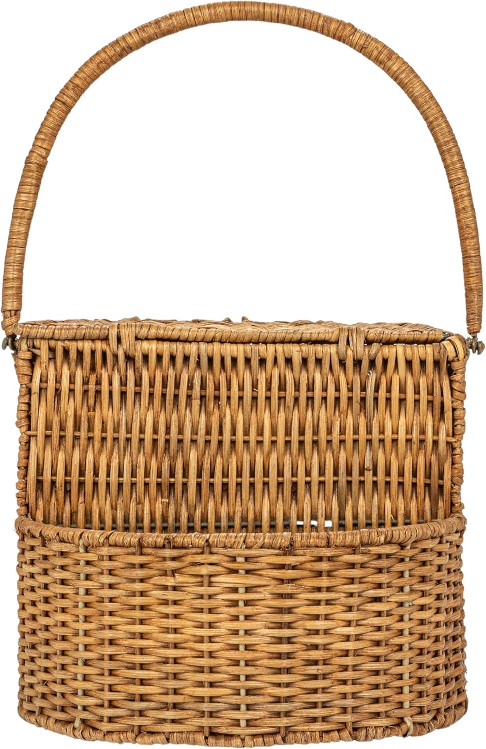 Creative Co-Op Oval Rattan Wicker Picnic Basket with Open Side Compartment, Natural