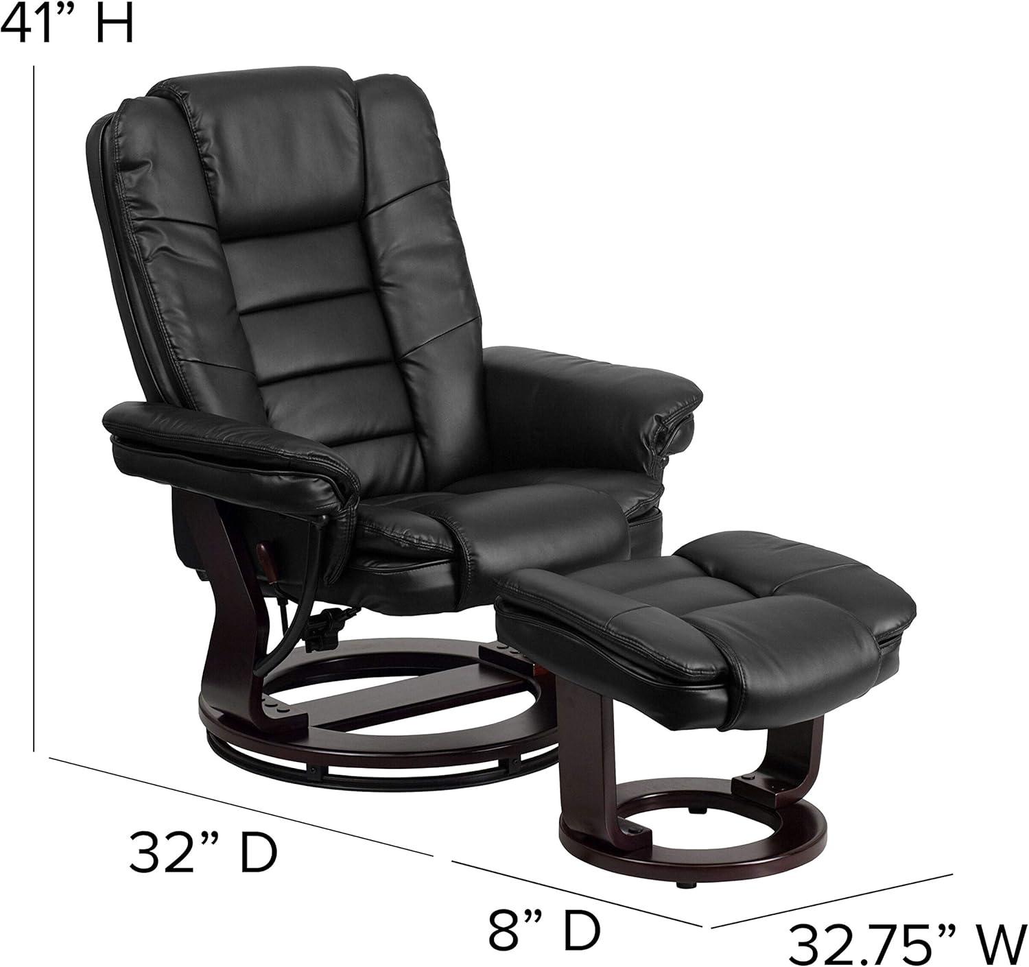 Black Faux Leather Swivel Recliner with Wood Base